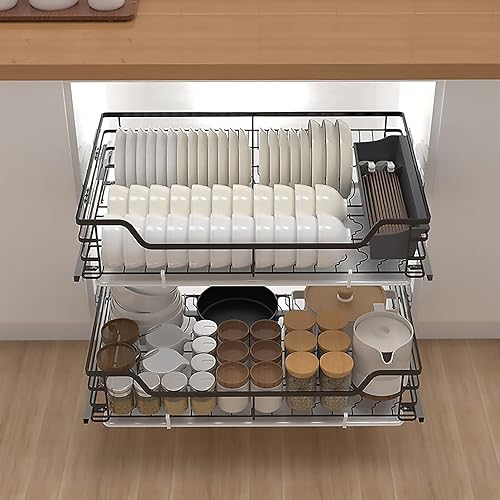Miniatura 2 de Organizador de armario de cocina extraíble de 2 niveles de acero inoxidable 304 resistente con cajones de almacenamiento para ollas sartenes