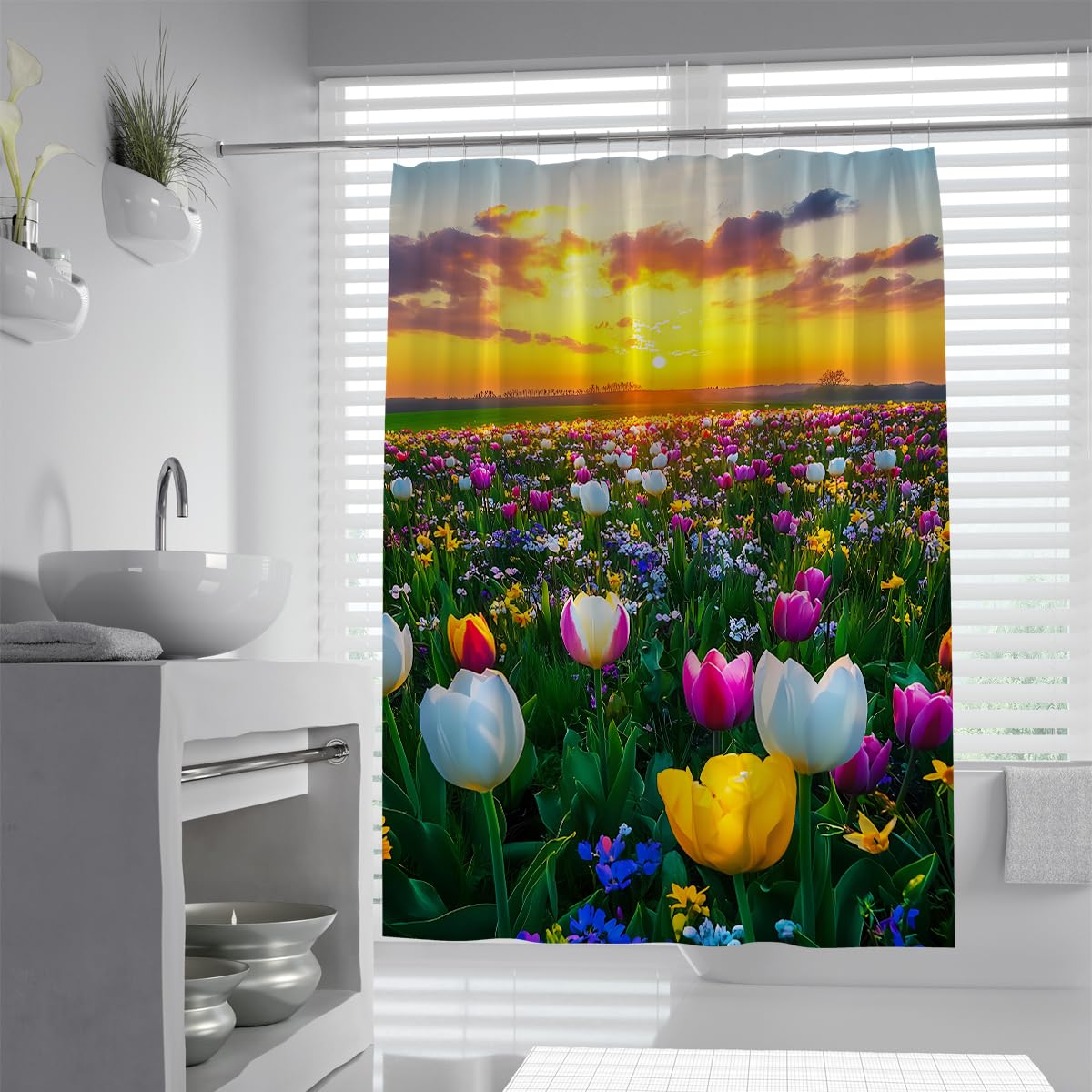 UIRINGART Sunrise Tulip Field Country Landscape Shower Curtain W180xL220cm Evening Scenic Floral Garden Fabric Water Repellent Anti Mould Bathroom Curtain For Tub