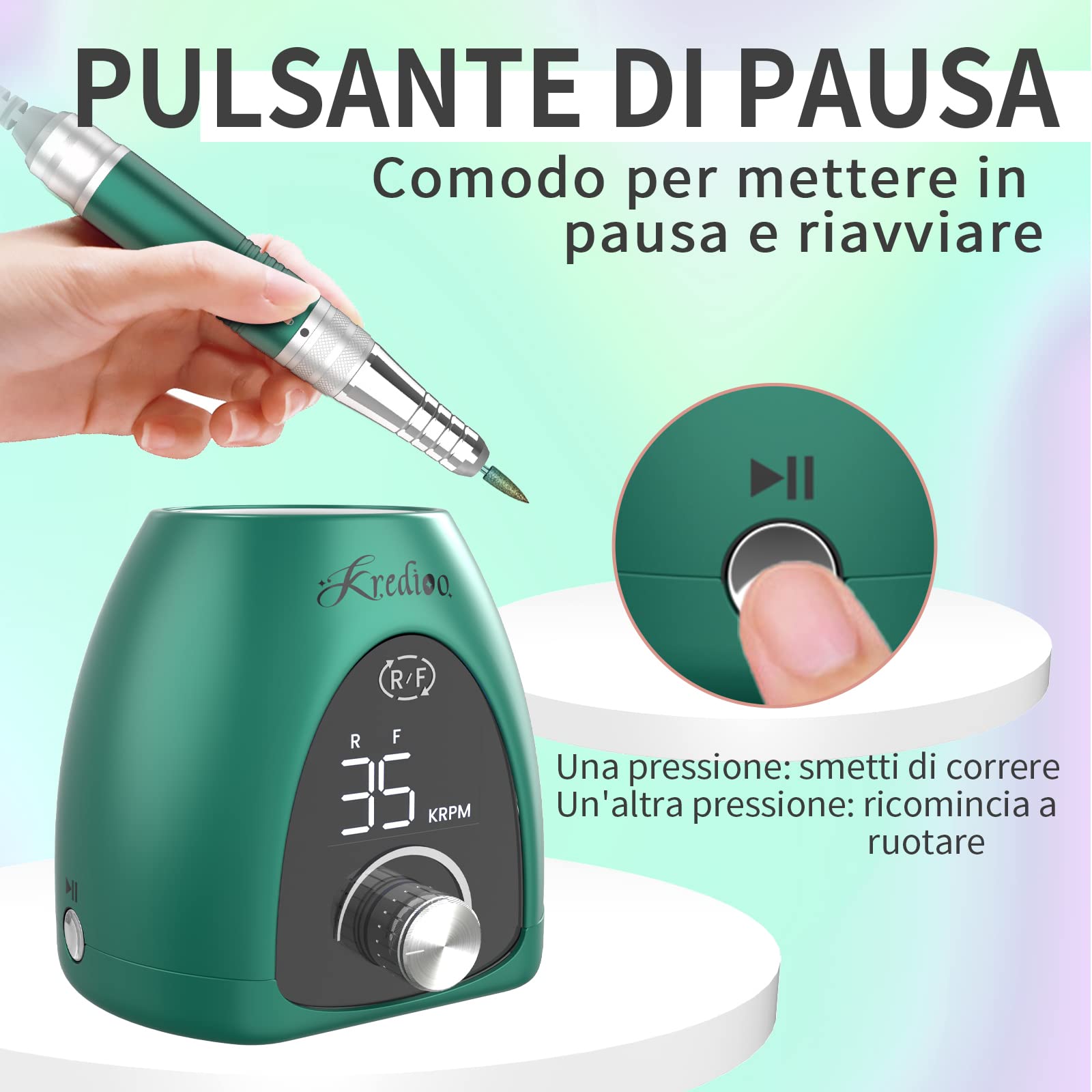 Kredioo Fresa per Unghie Professionale 35000RPM, Lima Elettrica per Manicure e Pedicure, Rimozione Gel/Smalto, Trapano Elettrico, Kit 6 Punte Fresa Unghie, LED, Pulsante Pausa, Verde