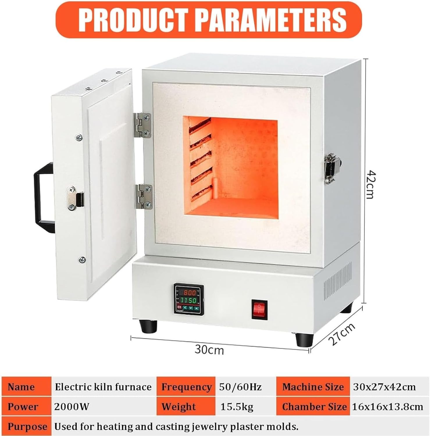 Electric Kiln, 2000W Desktop Furnace for Metal Melting, Jewelry Making, Pottery Glazing, DIY Projects, Max Temperature 1150℃, Compact Design for Convenience
