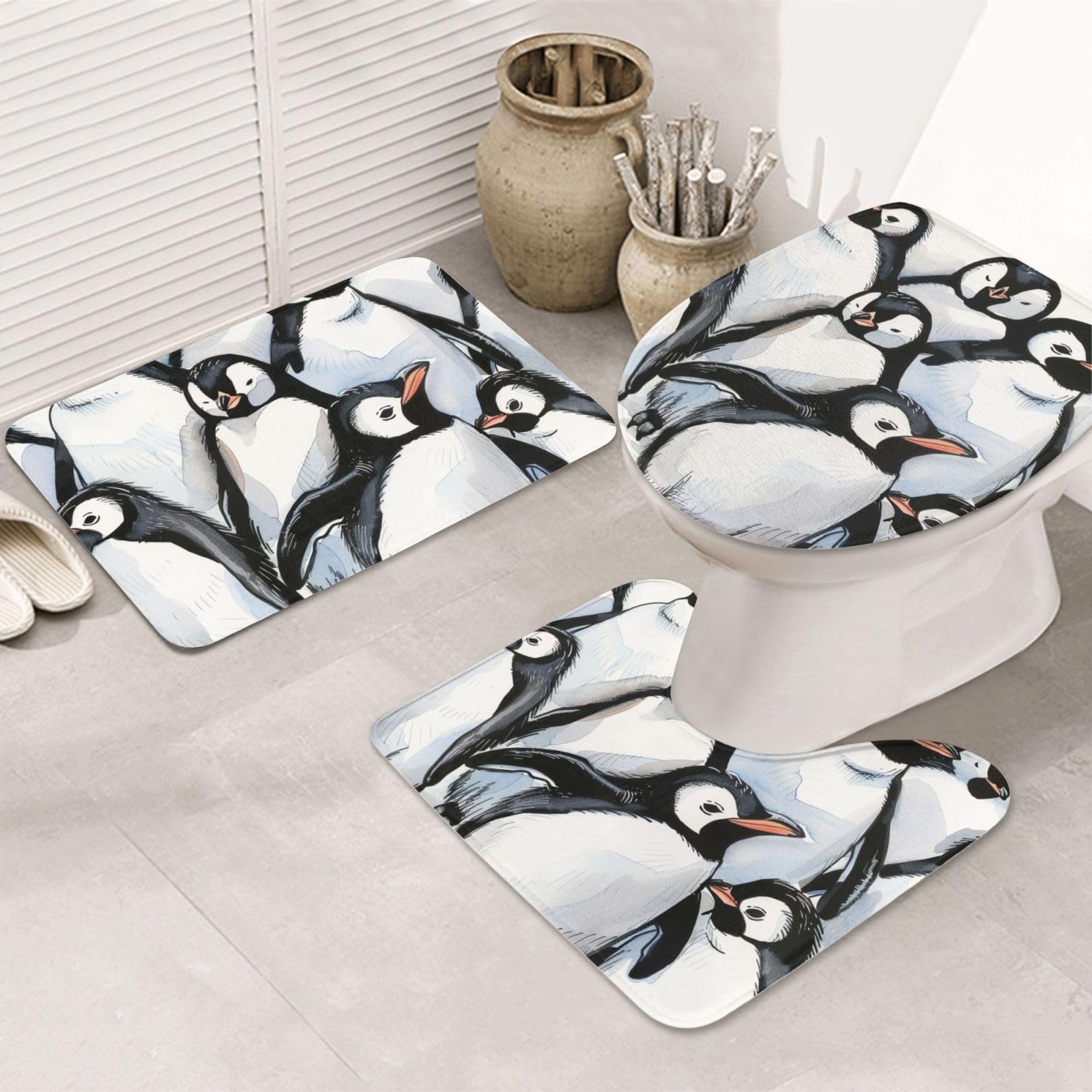 Tapis de bain en flanelle lot de 3 ultra doux motif pingouins mignons