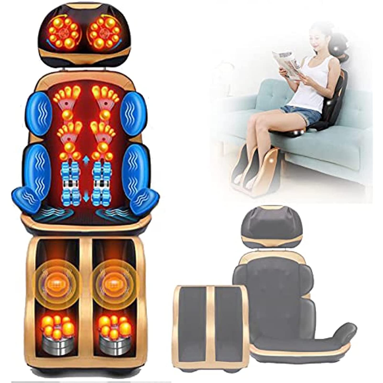 Colchoneta De Masaje Eléctrica De Cuerpo Completo, Cojín De Silla De Masaje Multifuncional 16 Cabezales De Masaje Profundo Para Amasar, Para Aliviar El Dolor De Cuello, Espalda, Cintura Y Piernas