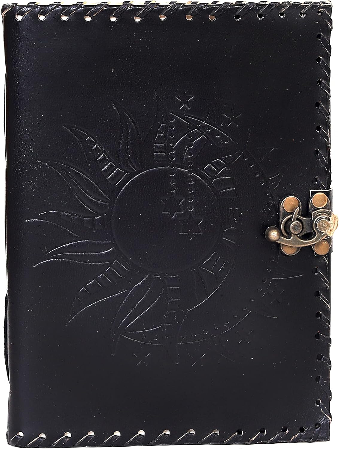 Leather Journal for Men and Women, Vintage Journal, Blank Book, Sun & Moon Journal for Writing, Skitching (Black, 8x 6 Inch)