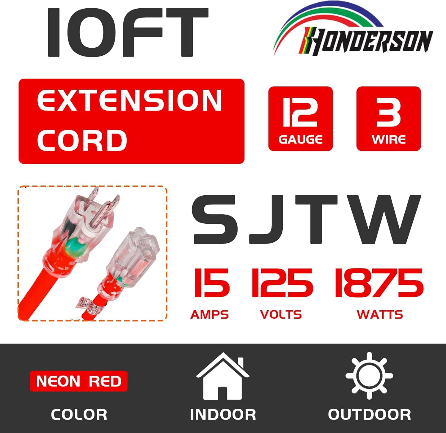 Indoor Outdoor Extension Cord Weatherproof with Lighted End, UL Certified, 12 Gauge 10FT Red 3 Prong Heavy Duty, 12/3 SJTW 15A Power Cord for Outdoor Lights, Lawn