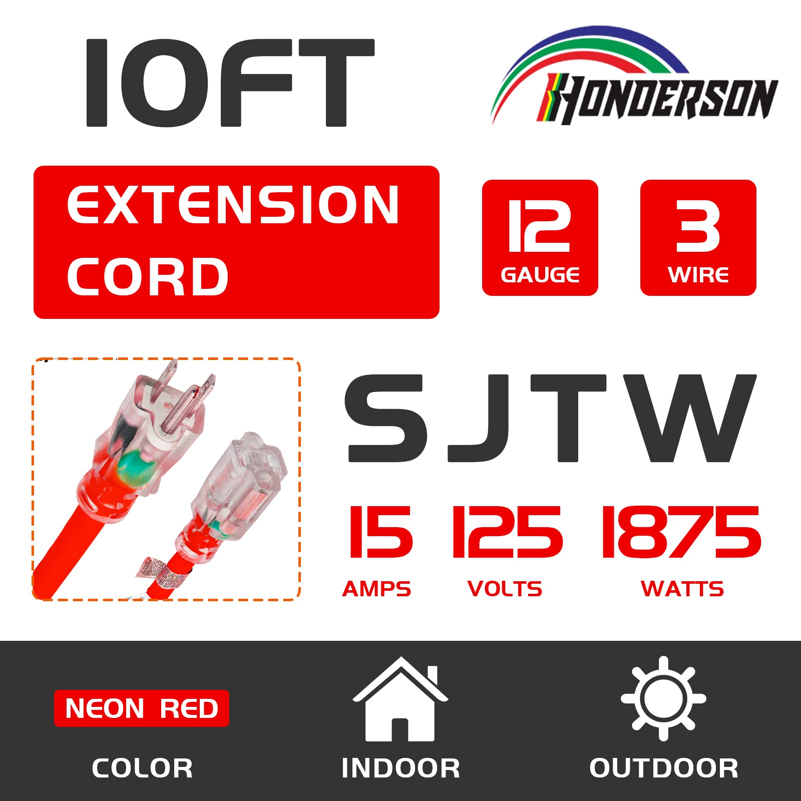 Cable de extensión iluminado para exteriores de 10 pies, 12/3, calibre 12, 3 clavijas, SJTW, resistente, cable de extensión rojo neón con enchufe de 3 clavijas para mayor seguridad, listado