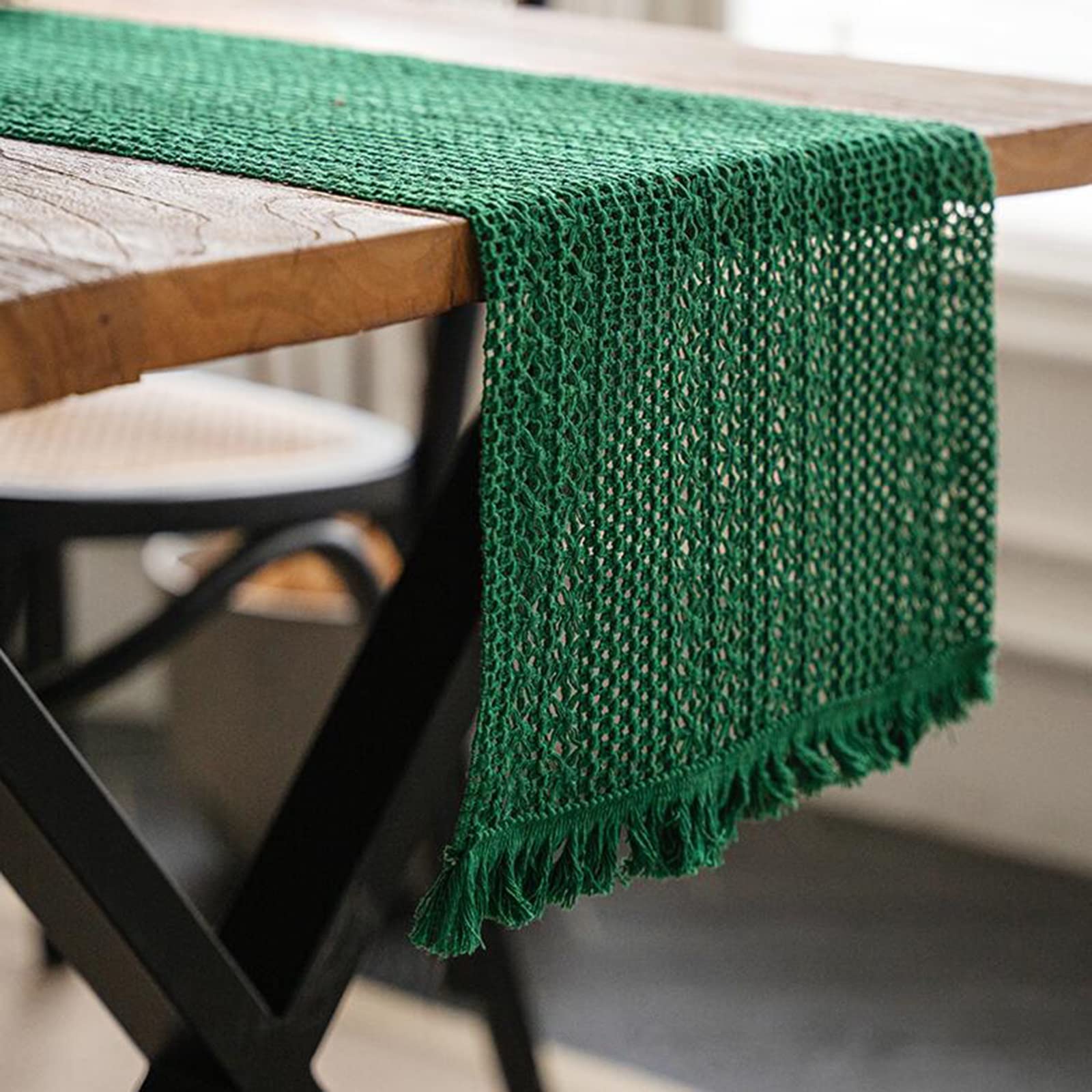 Chemin de table tressé en coton et lin doux vert, finition haut de gamme