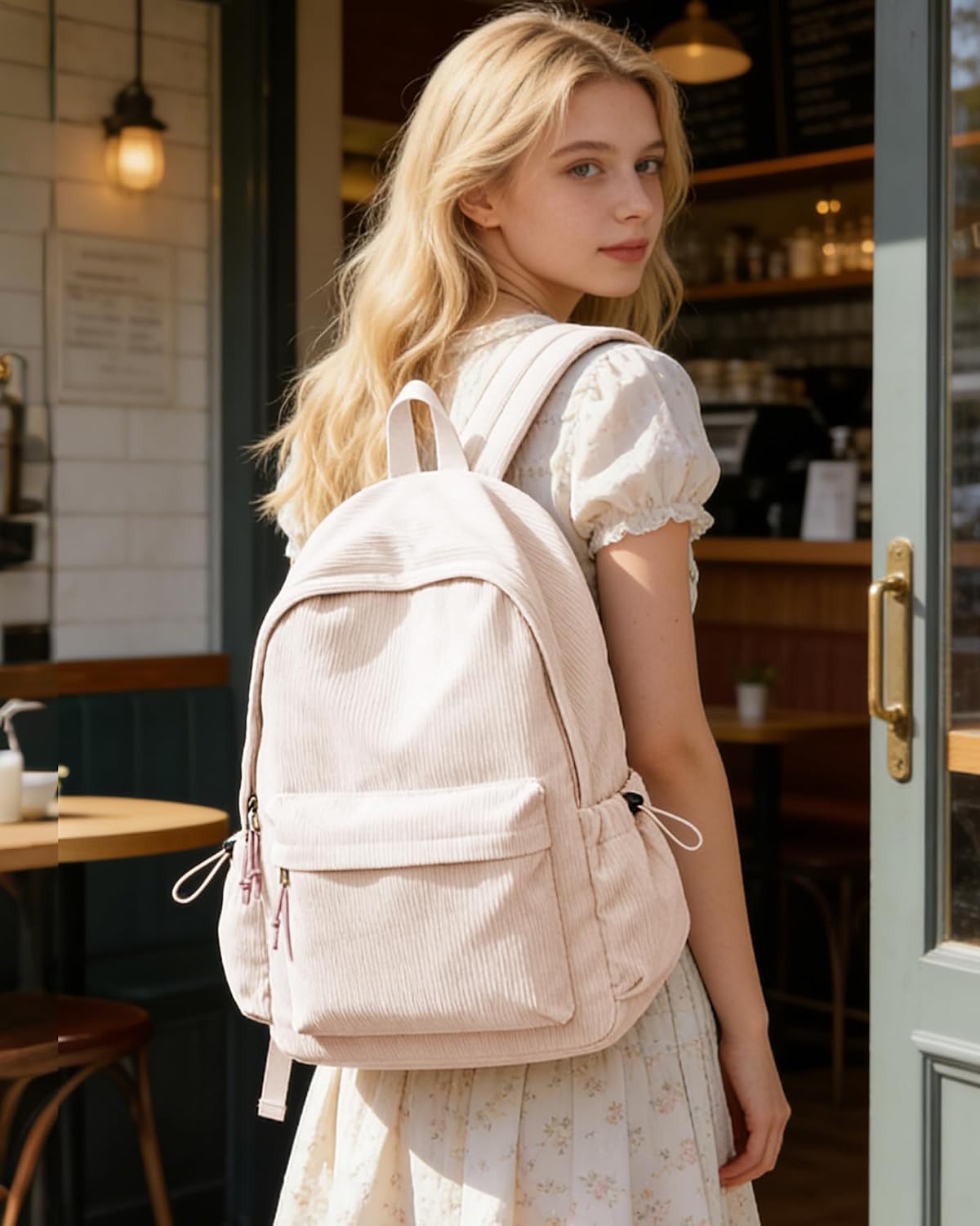 Corduroy Backpack for Women Men Cute College Backapck Aesthetic Backpack Preppy Backpacks Laptop Bags Women Commuter Back Pack Travel Backapck Casual Work Daypack Rucksack Pink image 3