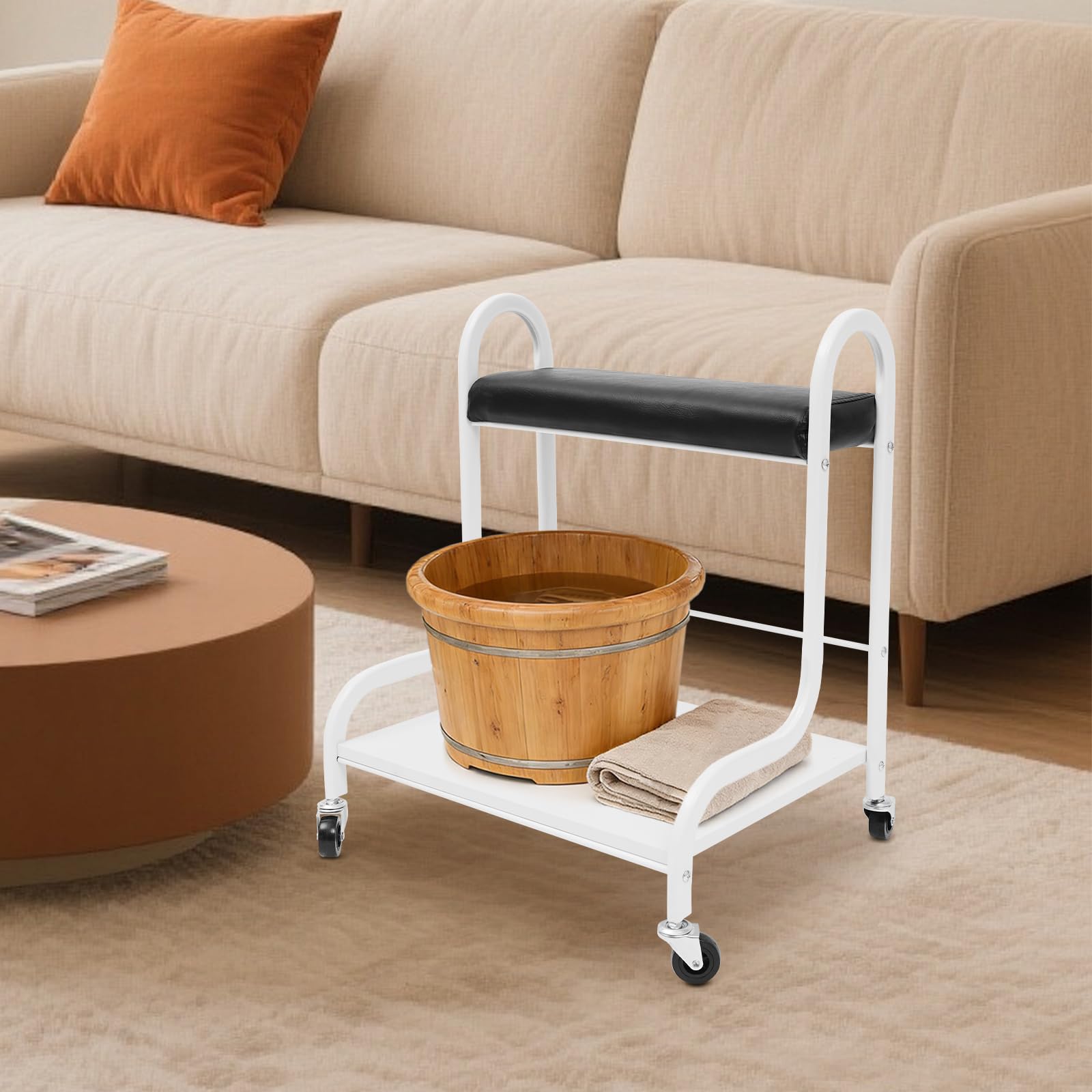 2-Stufen Fuß Bad Wagen, Fußbadewanne Unterschrank Rollbar, Pediküre Wagen Holz Metall, Fußbad Hocker Tragbar mit Rädern, Fußwanne Halterung 100kg, Ablagefach, Ideal für Badezimmer, Salon, Schwarz
