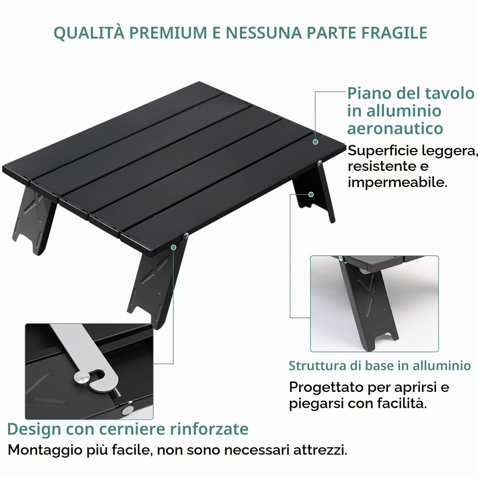 Tavolo da Campeggio Mini Pieghevole, Tavolo da Spiaggia Portatile Leggero in Alluminio Tavolino Arrotolabile, Tavolo da Picnic Compatto per Esterna Barbecue Spiaggia Viaggi Escursioni (Nero)