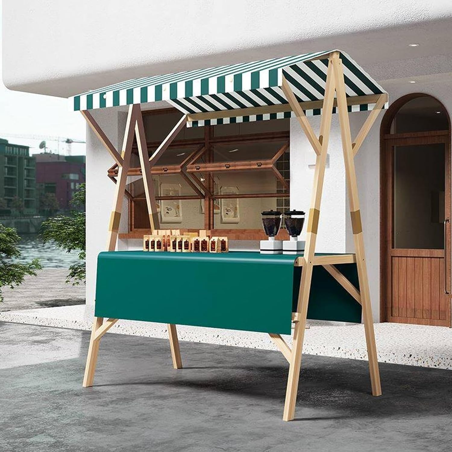 Tragbarer Verkaufswagen mit Überdachung, Faltbarer Marktstand aus Holz, mobiler Verkaufsstand für Märkte, Streetfood und Veranstaltungen,D,150cm/59in