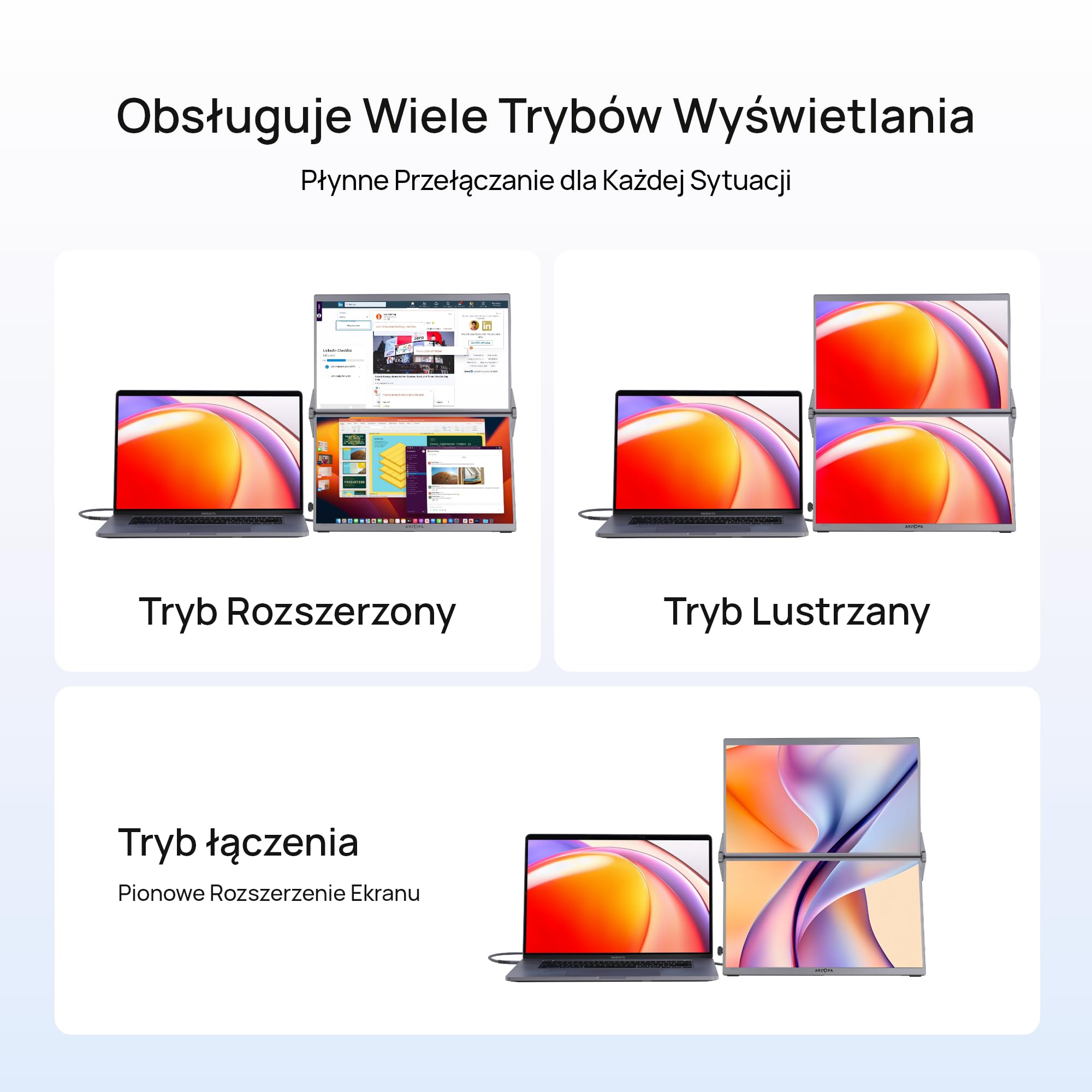 ARZOPA 15,6 cali Podwójny Ekran Przenośny Monitor, 100% sRGB FHD 1920x1080, Rozszerzenie Laptopa z Dwoma Ekranami, Typ-C/HDMI, Głośniki, Etui, do Laptopa/PC/Switch/PS5/Telefonu-E1
