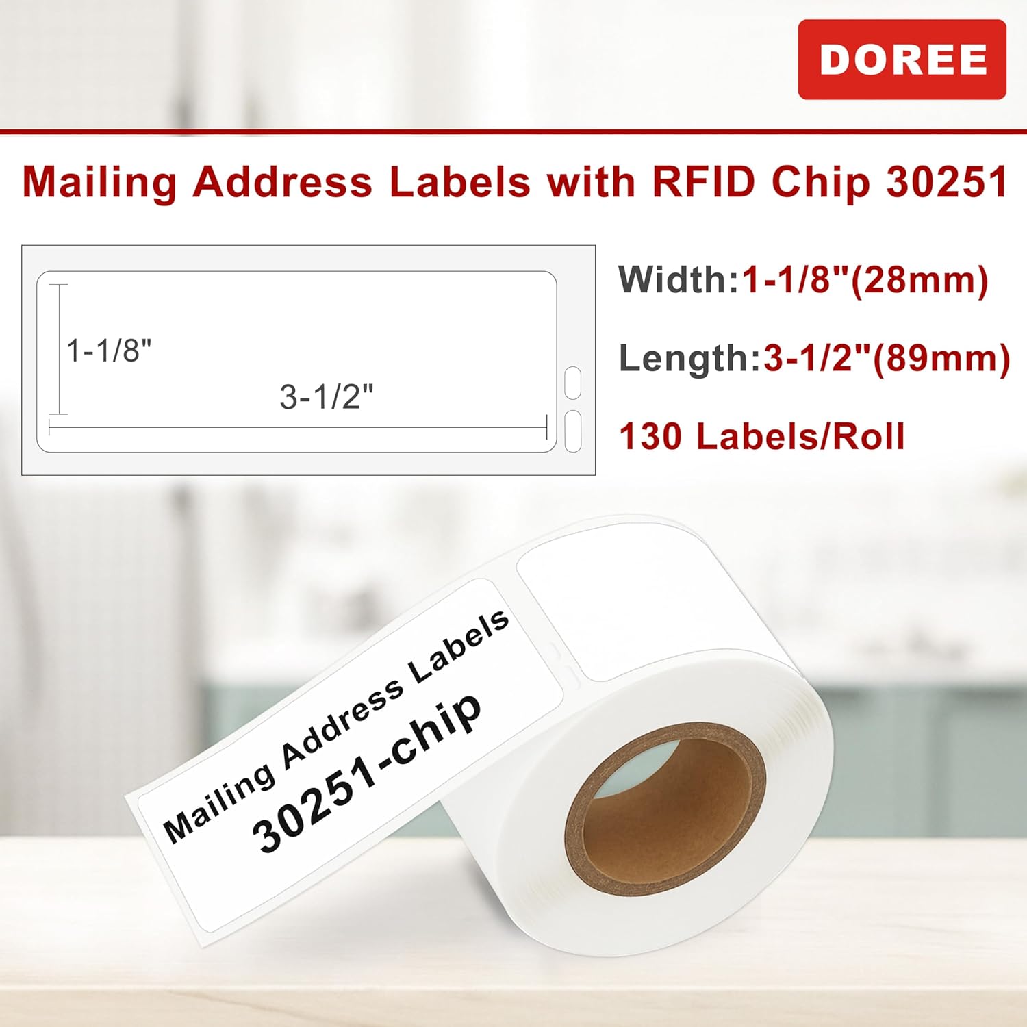 DOREE 12-Roll 1-1/8" x 3-1/2" Mailing Address Labels 30251 with chip,Compatible with LabelWriter 550 5XL 450 4XL Label Printers.(30251-chip LabelWriter Address Labels,White, 12-Rolls Total 1560)
