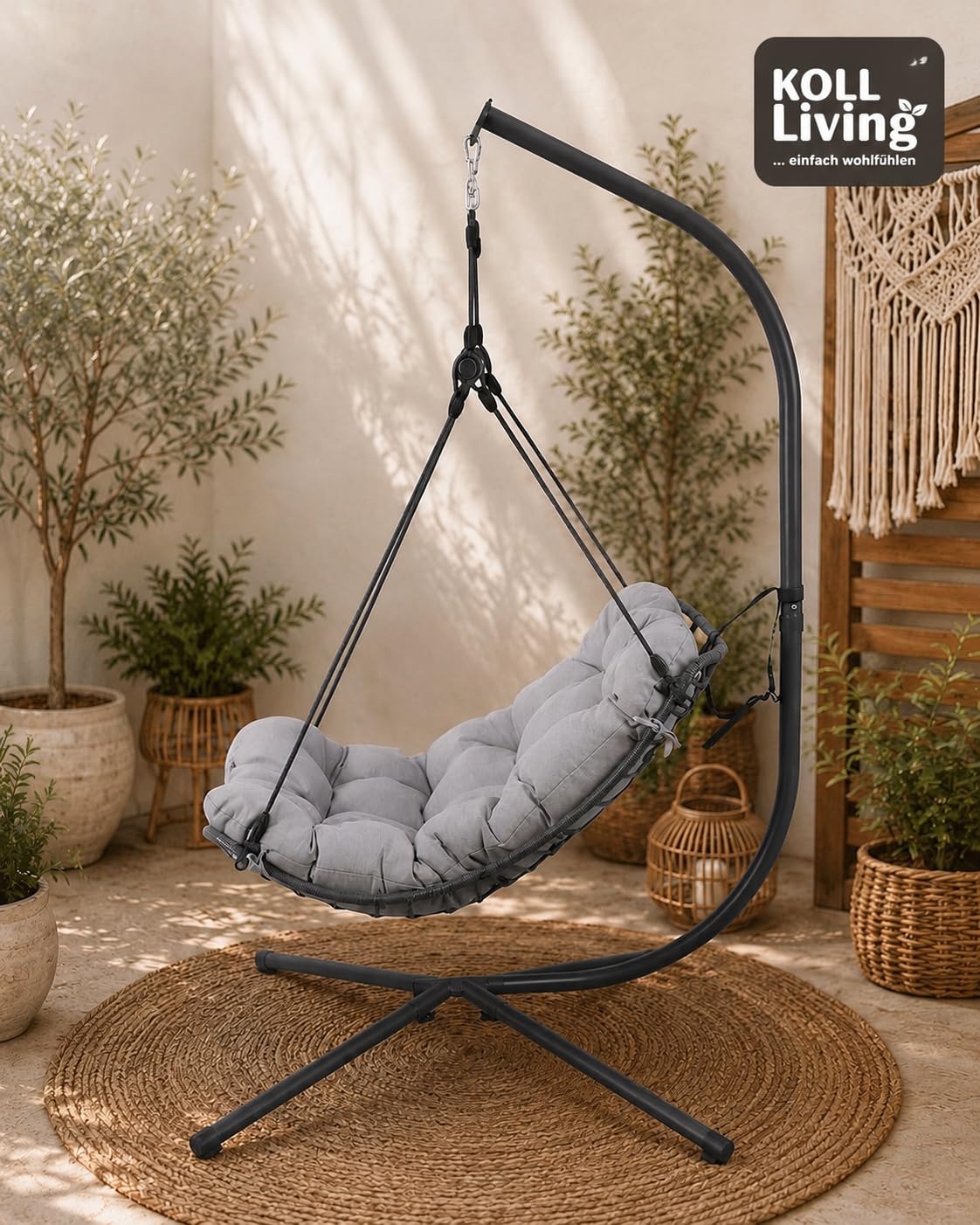 Koll Living Outdoor Hängesessel Nova | Dunkelgrau/Hellgrau | B110 x T101 x H194 cm | Stahlgestell pulverbeschichtet | UV-beständig & belastbar | Relaxsessel für Garten, Balkon & Terrasse