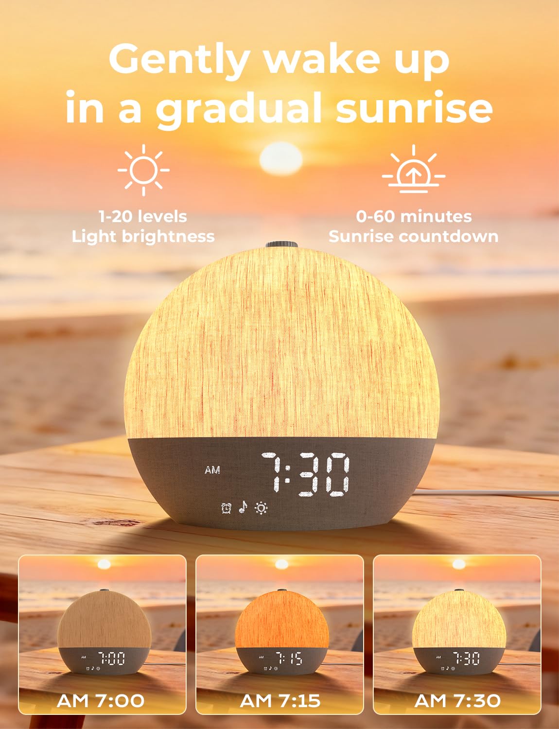 LIORQUE Réveil Lumineux Simulateur d'Aube, Reveil Simulateur d'Aube sur Lampe de Chevet, 17 Modes d'éclairage, 30 Sons apaisants, Mode Sommeil, Connexion Bluetooth, avec Alarme et Fonction Snooze