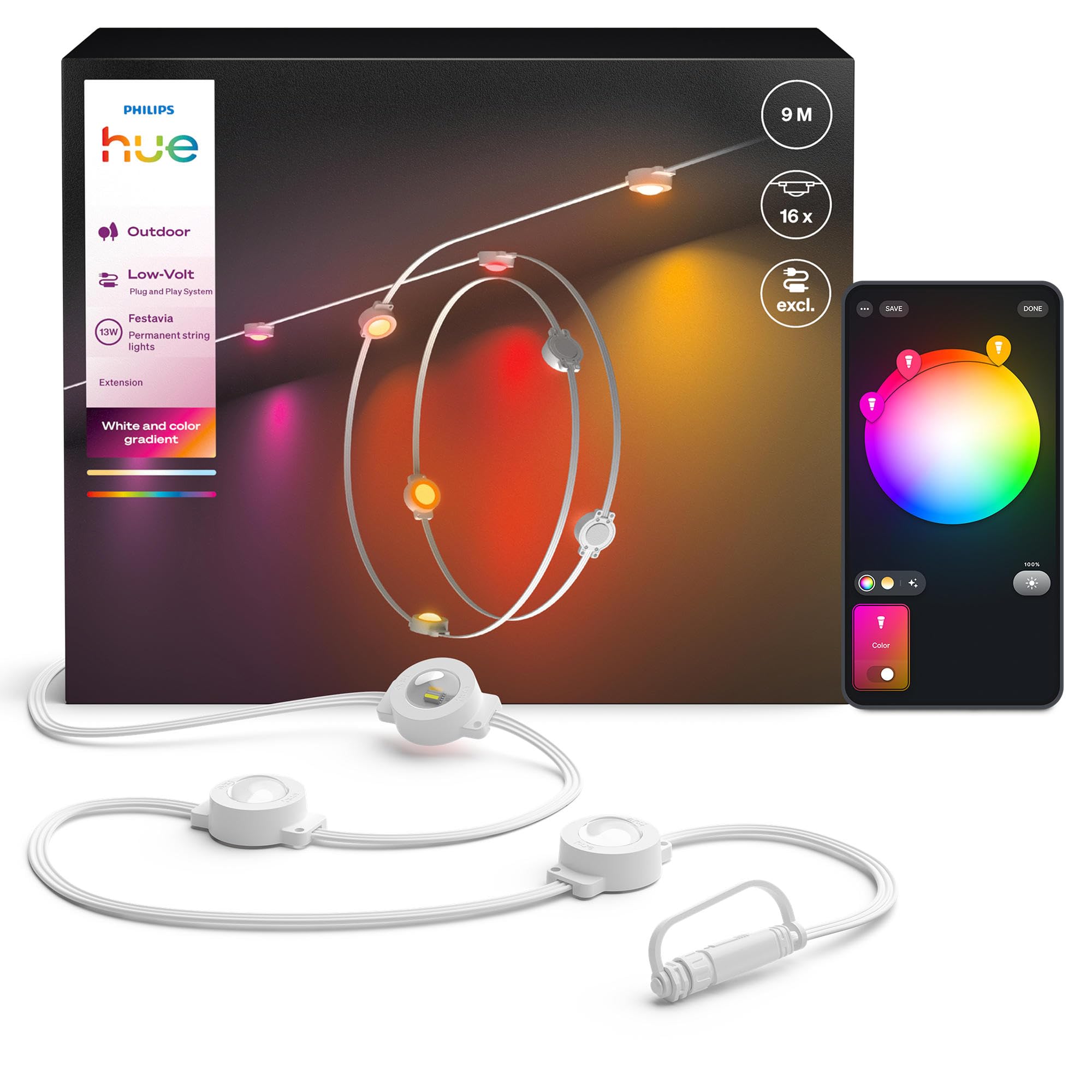 Philips Hue Festavia Permanent Außenlichterkette, Erweiterung, 9m, dimmbar, wetterfest, wasserdicht, weißes und farbiges Ambiente, weißes Kabel