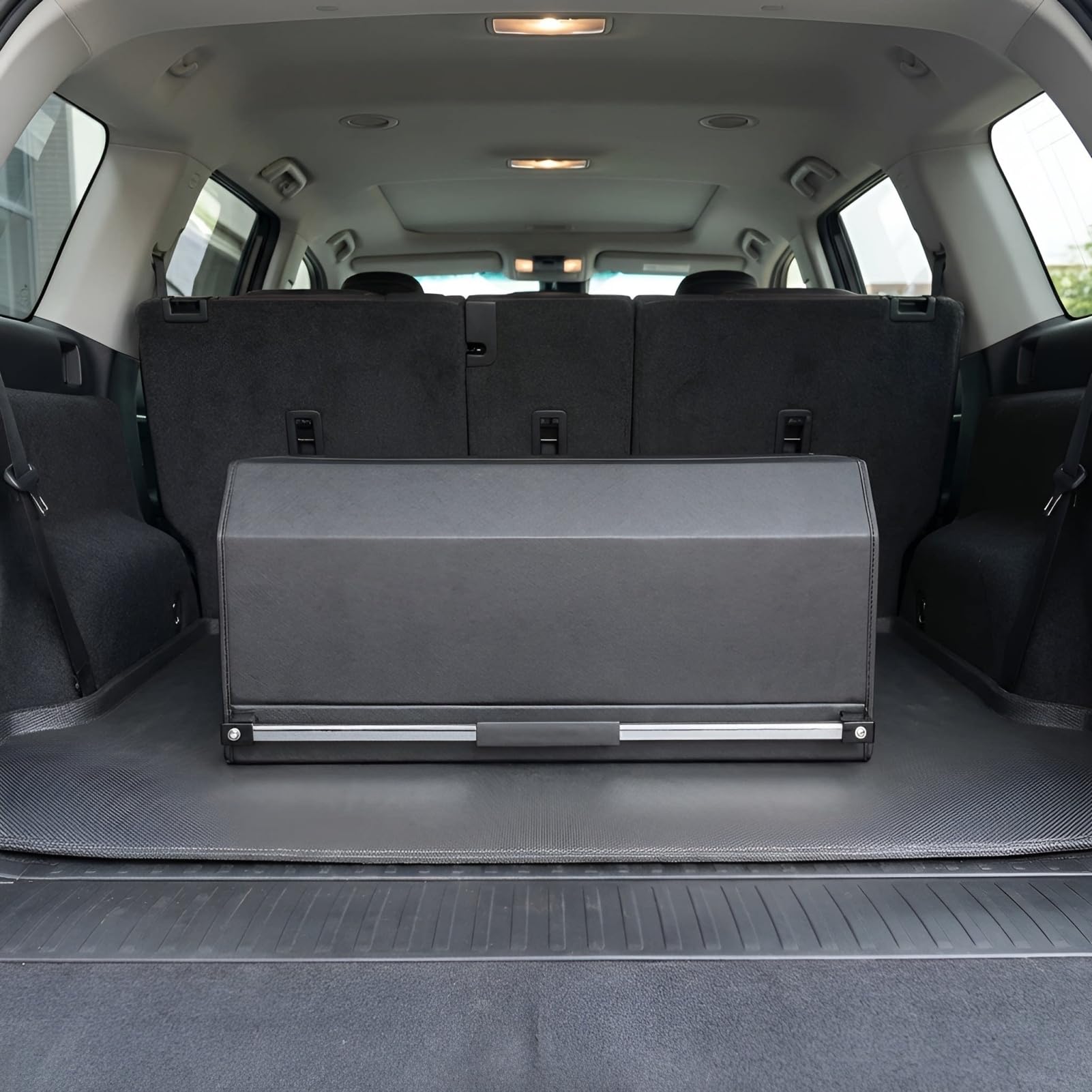 Kofferraum-Organizer aus Leder, Push-Pull-Griff, zusammenklappbarer Auto-Organizer mit Deckel, wasserdichte Kofferraum-Aufbewahrungsbox für SUV, Minivan (schwarz, 29,5 x 70,6 x 31,8 cm)