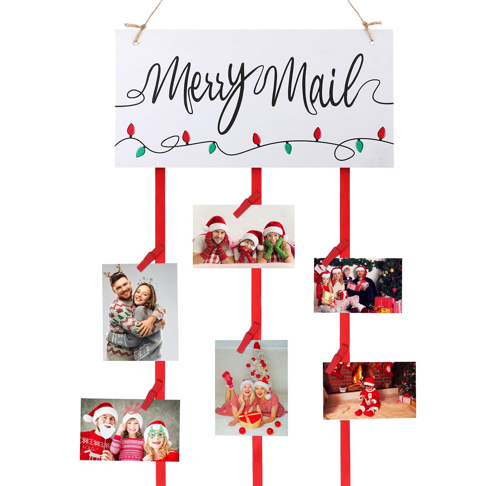 Marsui Christmas Card Holder Merry Mail Christmas Wooden Hanging Picture Holder Wall Hanging Card Display with 20 Red Wooden Clips for Party Home Wall Door Decor