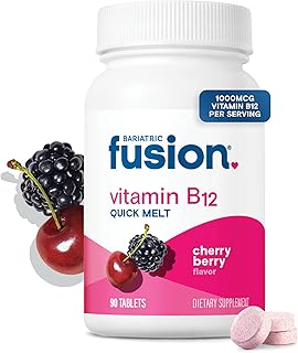 Bariatric Fusion Vitamin B12 Sublingual 1000 mcg Melts | Cherry Berry Flavored | Vitamin B12 Dissolve Under Tongue Tablets with Folic Acid | Sugar Free | Methylcobalamin | 90 Count