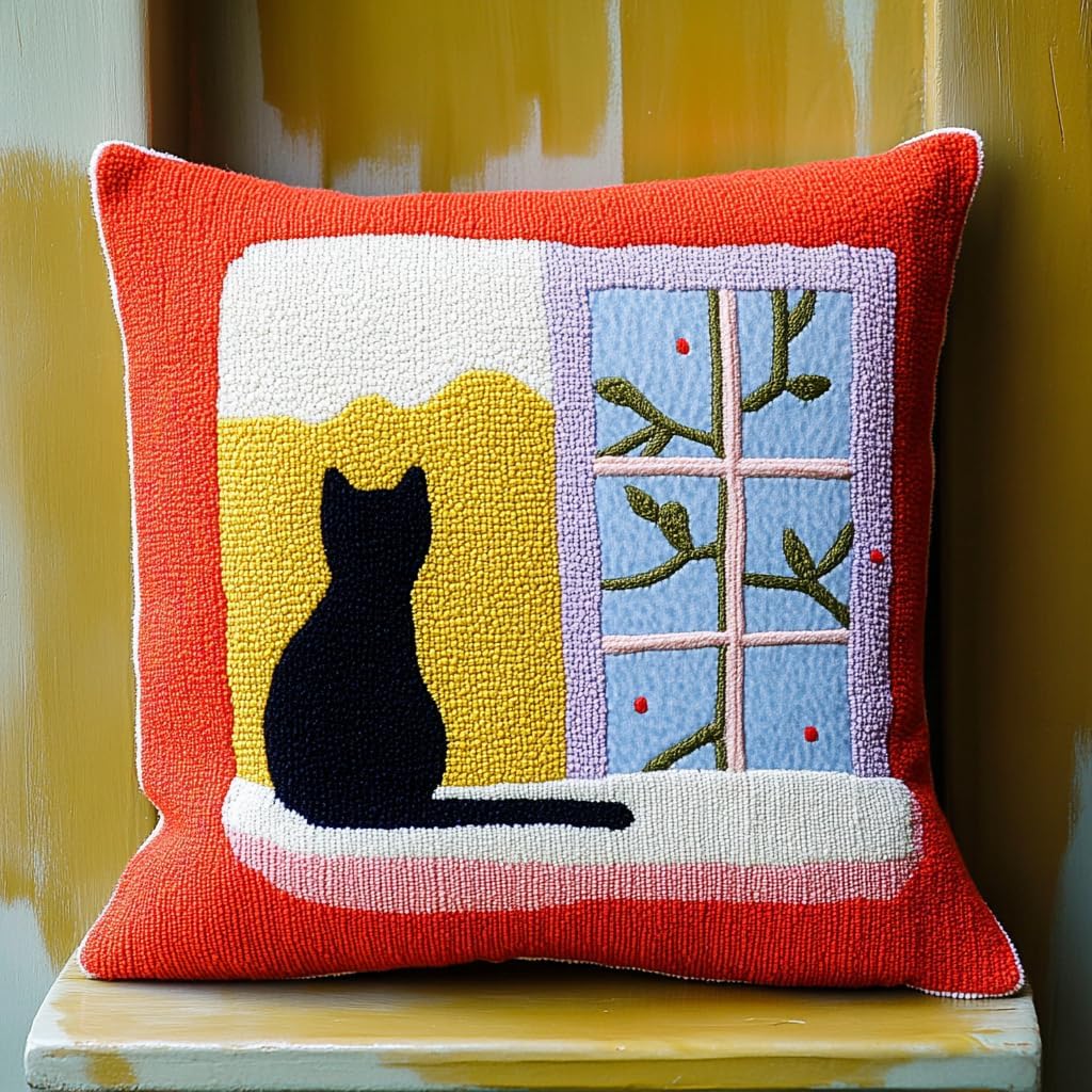 DIY Punch Needle Pillow Kit Cat and Window with Pattern and Hoop Handmade Embroidery Punch Needle Starter Pillowcase Making Set for Home Sofa Decoration 43x43cm-7