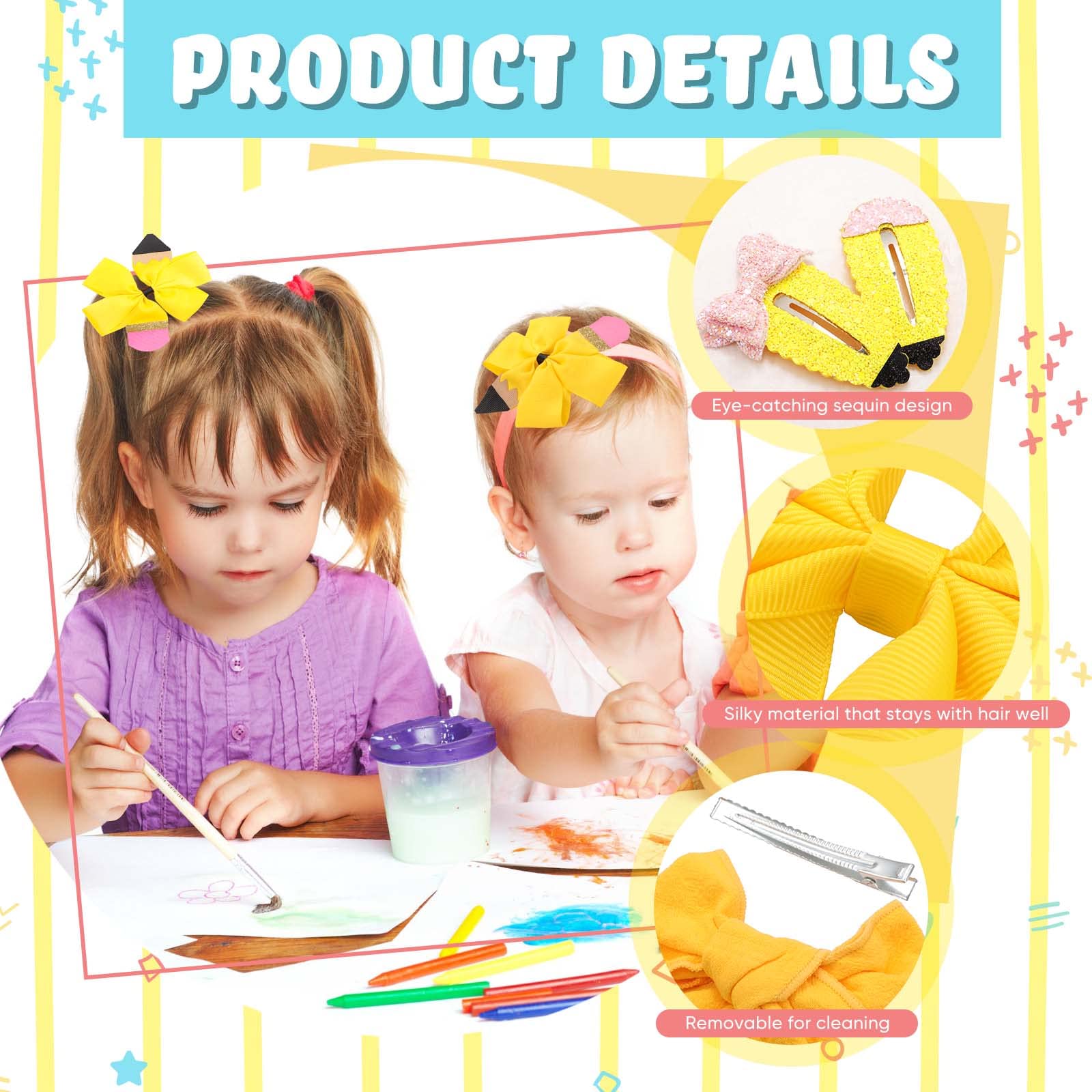 6 Pcs Pencil Hair Bow Back to School Pencil Bow for Girl Yellow School Bow Big Hair Clips Pencil Bow Girls' Hair Accessories for Kindergarten Kid Gifts