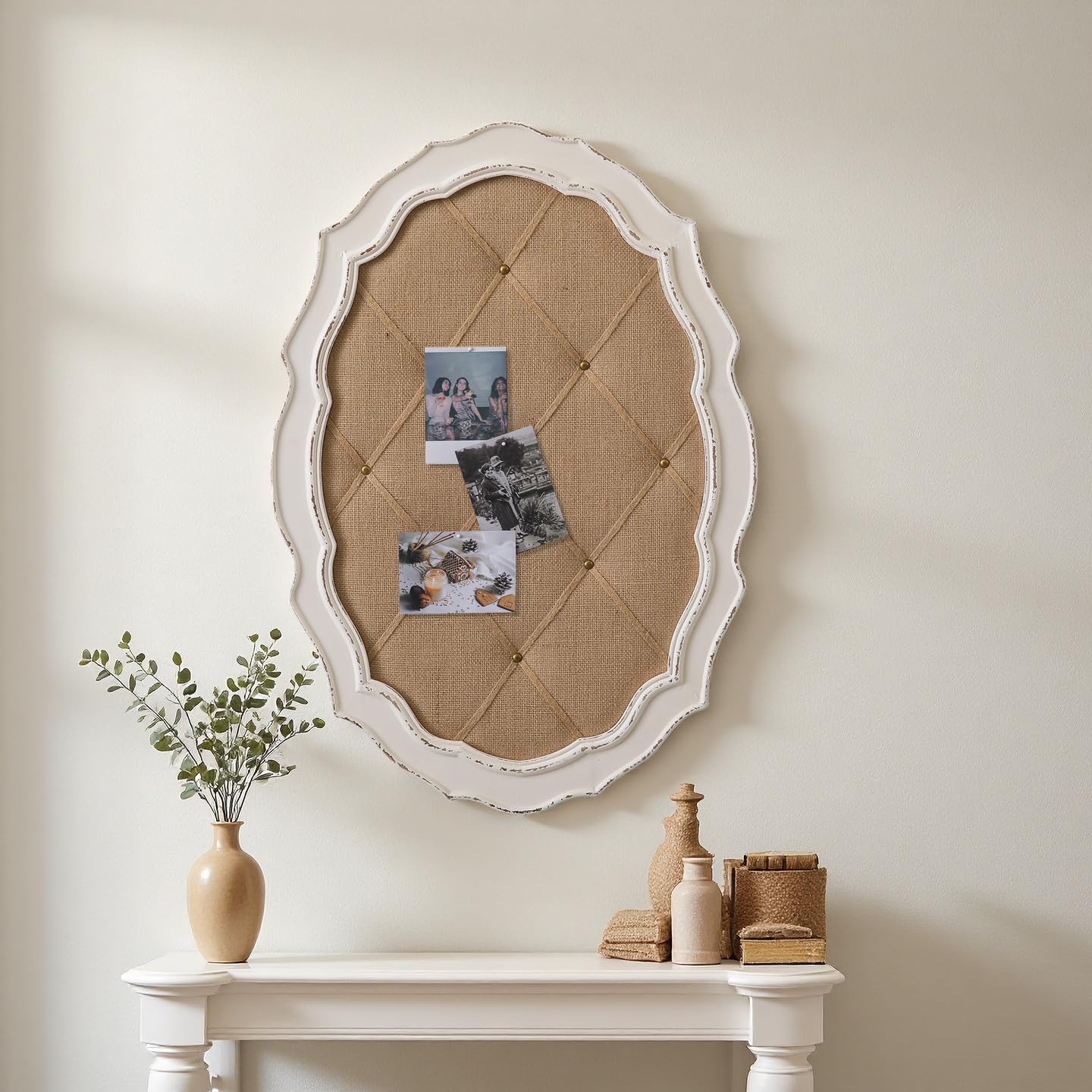 SOFE Oval Fabric Bulletin Board with Scalloped Frame, Burlap Push Pin Board 20 × 28 Inches, Wall Boards for Office Bedroom Entryway, Decorative Linen Board/Vision Board, French Country Decor