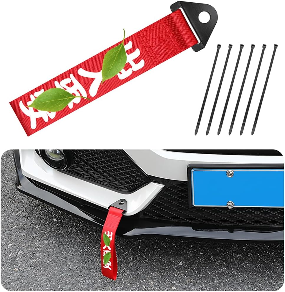 AICEL Car Racing Tow Strap, Nylon High Strength JDM Sports Style Decorative Traction Rope, Chinese Slogan Car Exterior Towing Strap, Universal Tow Hook Ribbon for Rear or Front Bumper (Red)