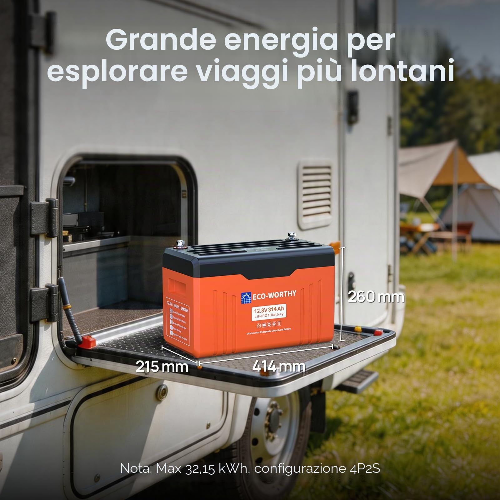 ECO-WORTHY LiFePO4 Bluetooth 12V 314Ah EnergyTrek con caricabatterie 12/24V 20A Batteria al litio con 200A BMS protezione bassa temperatura e max 15000 cicli, 4019Wh LiFePO4 12V per camper, pannello
