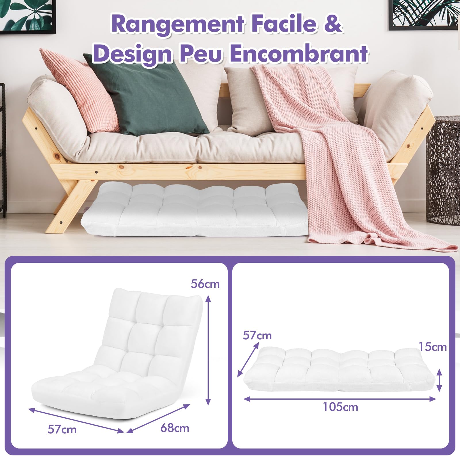 GOPLUS Chaise de Sol Pliante, Fauteuil Convertible Réglable à 14 Niveaux, Fauteuil Paresseux Confortable, Chaise de Méditation Rembourré, 105 x 56 x 12CM (Blanc)