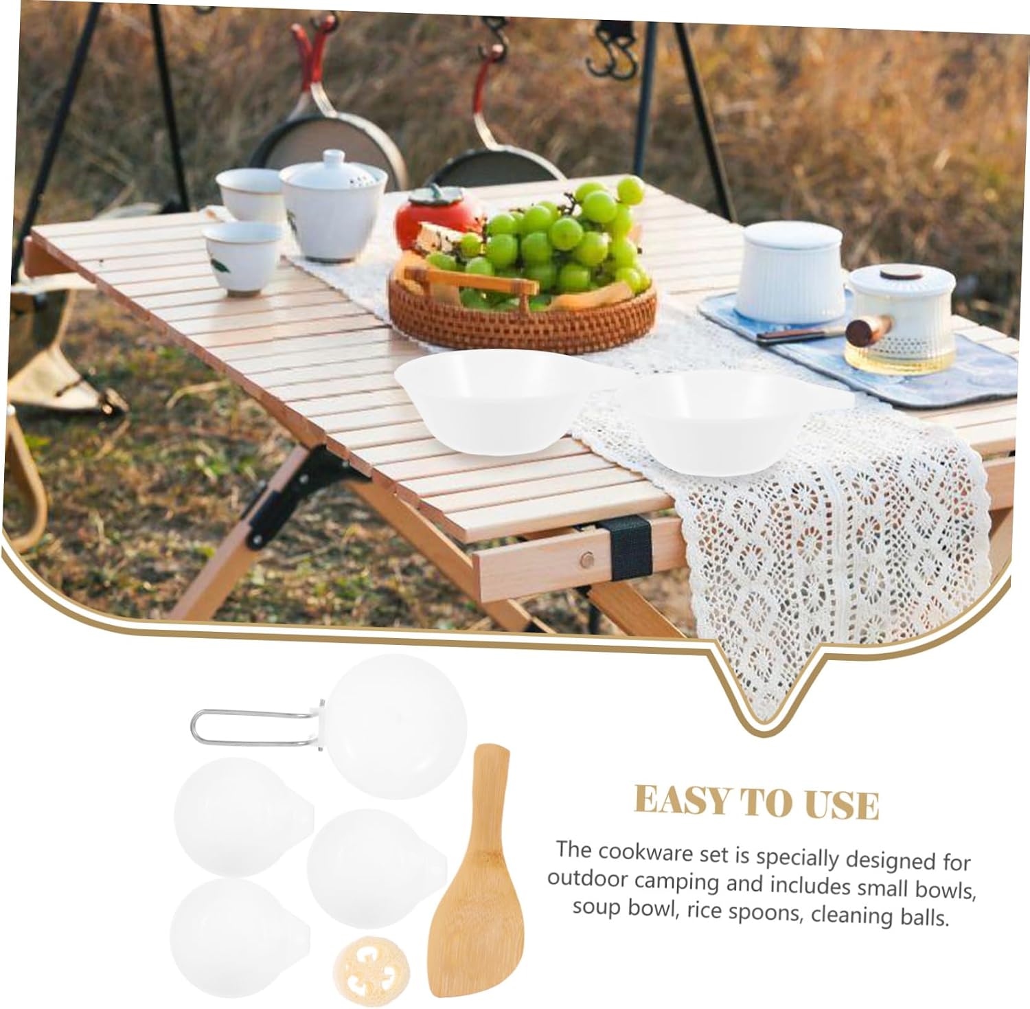 Camping Cookware Set Lightweight Reusable Plastic Bowls and Utensils for Outdoor Cooking Includes Soup Bowl Rice Spoons and Cleaning Balls for Camping and Hiking