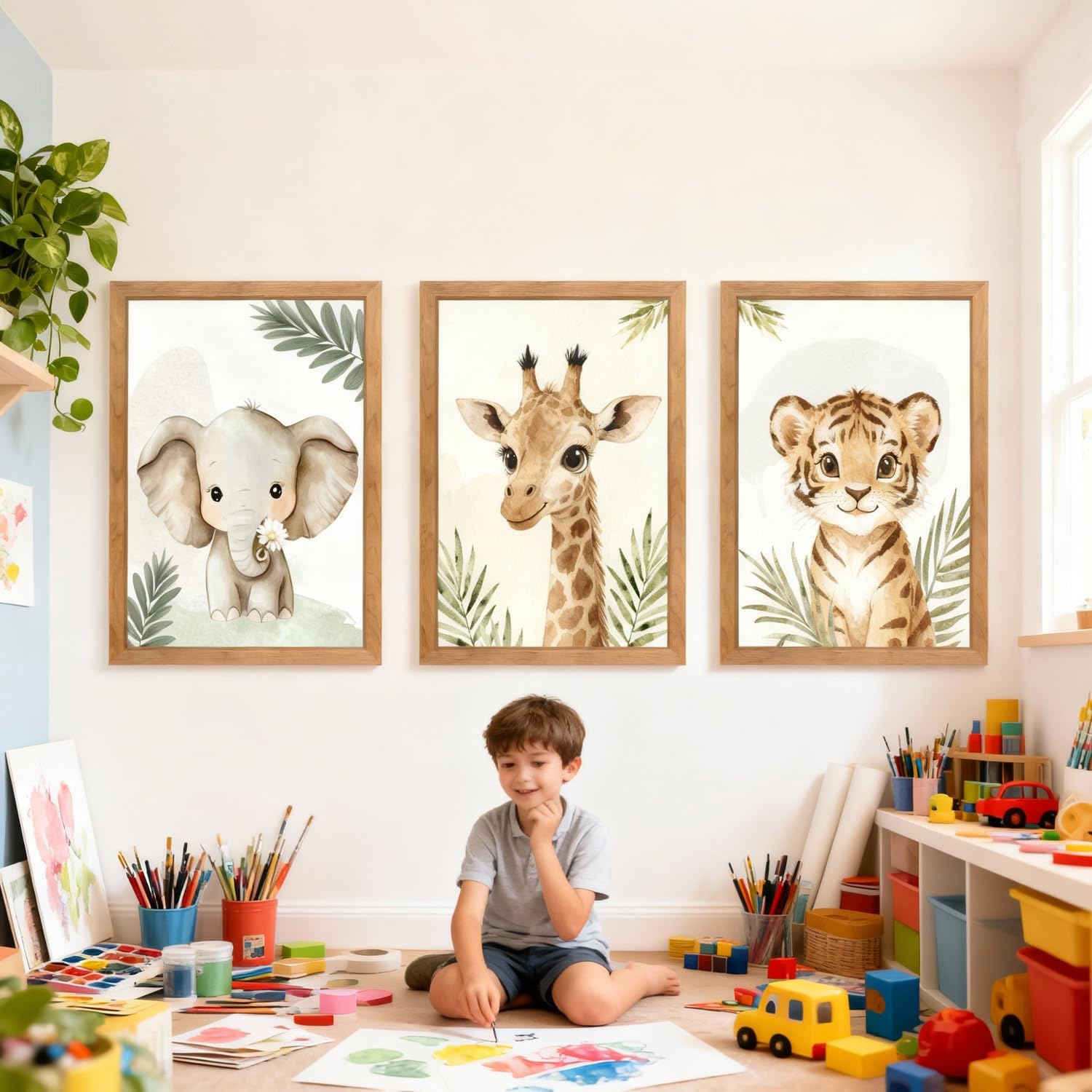 3 Set Safari Nursery Wall Decor, 11x16 Inch Framed Cute Giraffe Elephant Tiger Print Sign, Jungle Theme Cartoon Animal Wall Art for Baby Girl Boy Room Decoration, Natural