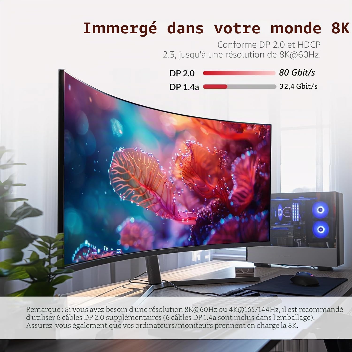 AV Access Commutateur KVM 3 Moniteurs 2 Ordinateurs 8K@60Hz, avec 6 câbles DP, DisplayPort 2.0, Ethernet 1G, USB 3.0, Station d'accueil 3 Moniteur, 4K@165/144Hz, 2K@144Hz (Desktop Only)