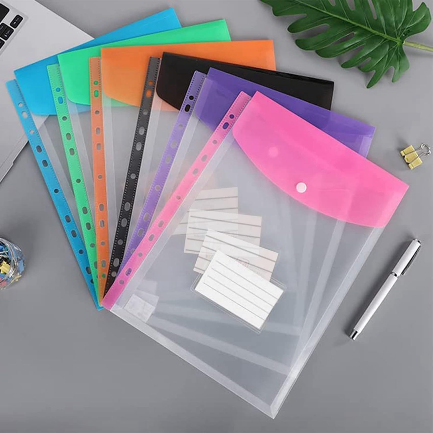 120 Buste in Plastica, Tasche per Raccoglitori Ad Anelli 3/4/11, Organizer per Documenti Espandibile con A Pressione Ed Etichetta