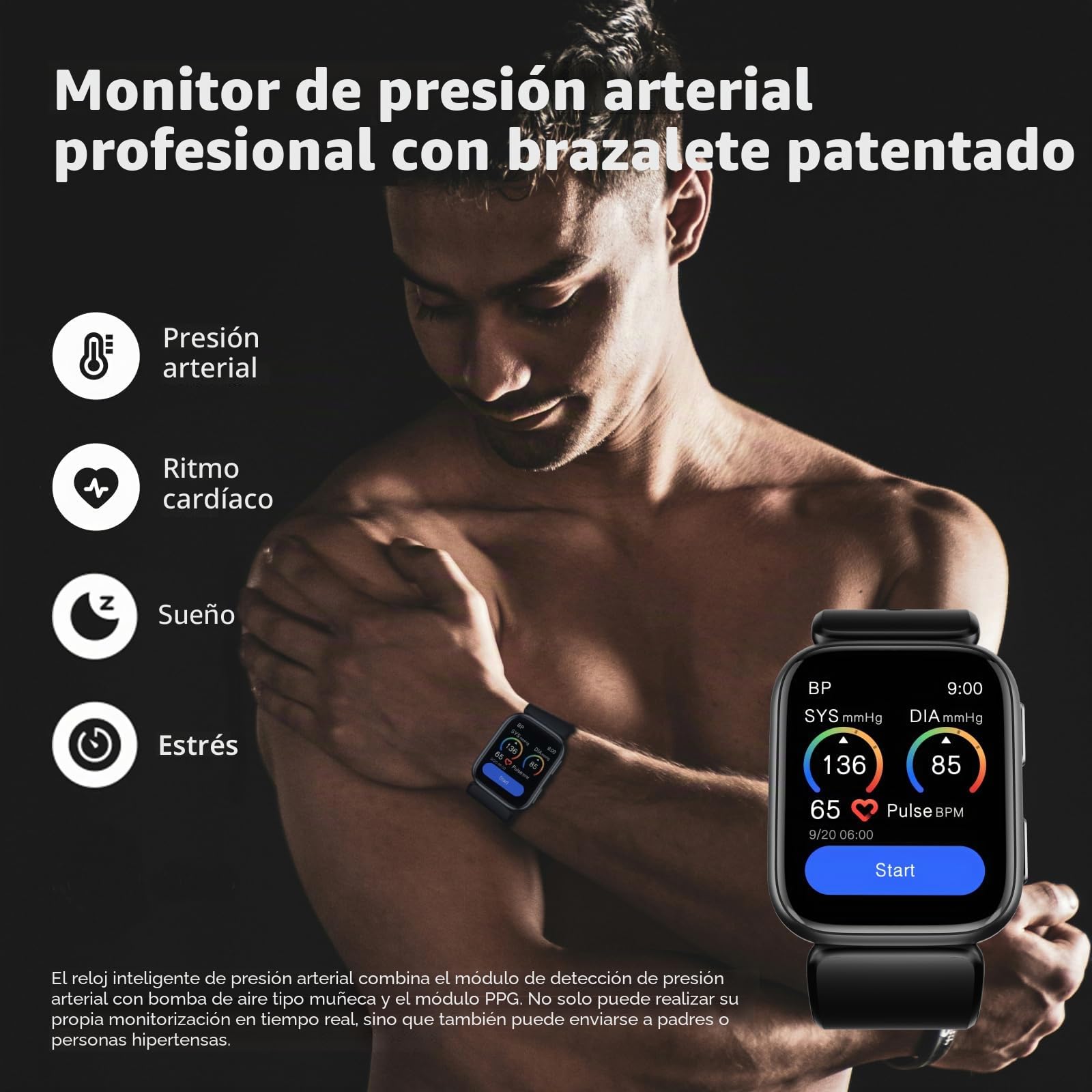 Reloj inteligente, reloj de presión arterial, 1,95 pulgadas, con manguito de bombeo de aire, esfigmomanómetro para dormir y registro deportivo para más de 50, compatible con Android e iOS