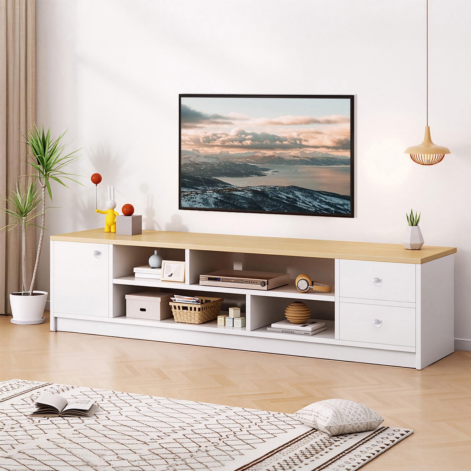 Mobile TV Nordico 140×30 cm – 1 Anta, 2 Cassetti e 4 Ripiani Aperti, Piano Effetto Legno Chiaro & Struttura Bianca, Design Moderno per Soggiorno o Camera