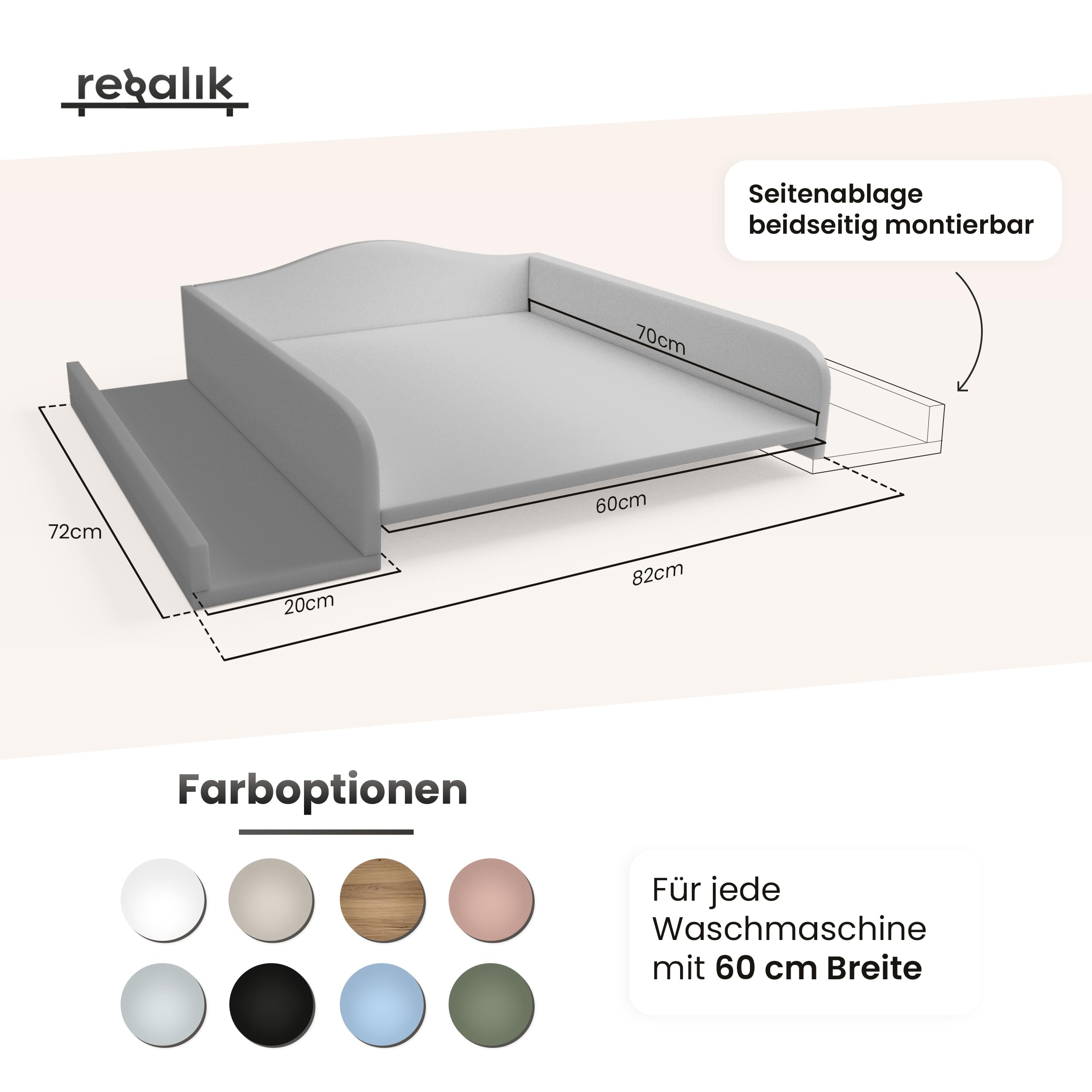 Wickelaufsatz für Waschmaschine – Wickelauflage 60x70 cm – Laminierte Holzplatte – Kaschmir – 82x72x10 cm – Sicherer & Platzsparender Wickeltischaufsatz