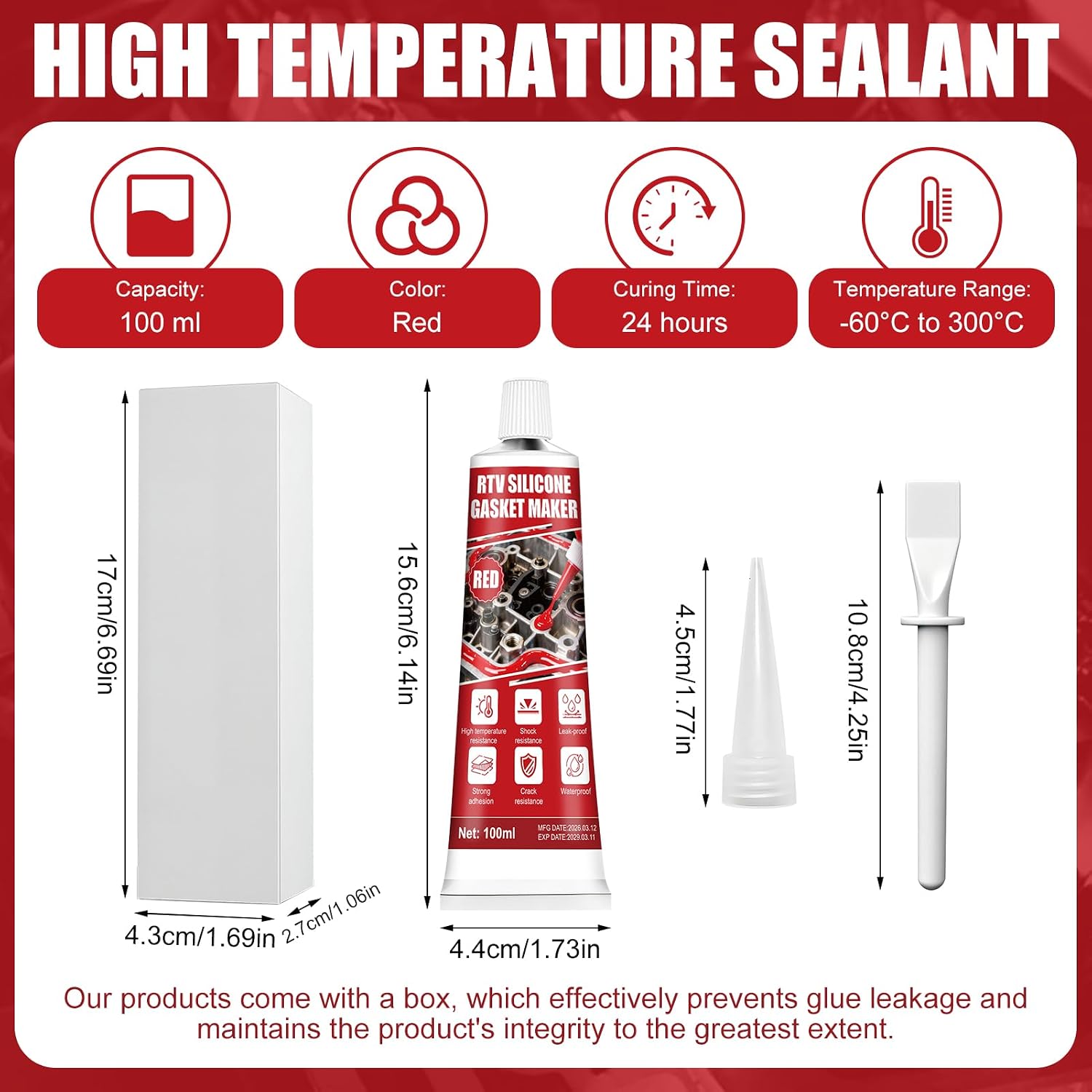 Red RTV Gasket Maker High Temp Resistant Shockproof Leak Proof | High Temp RTV Silicone for Engines Transmissions Turbochargers Various Types of Gaskets, 100m