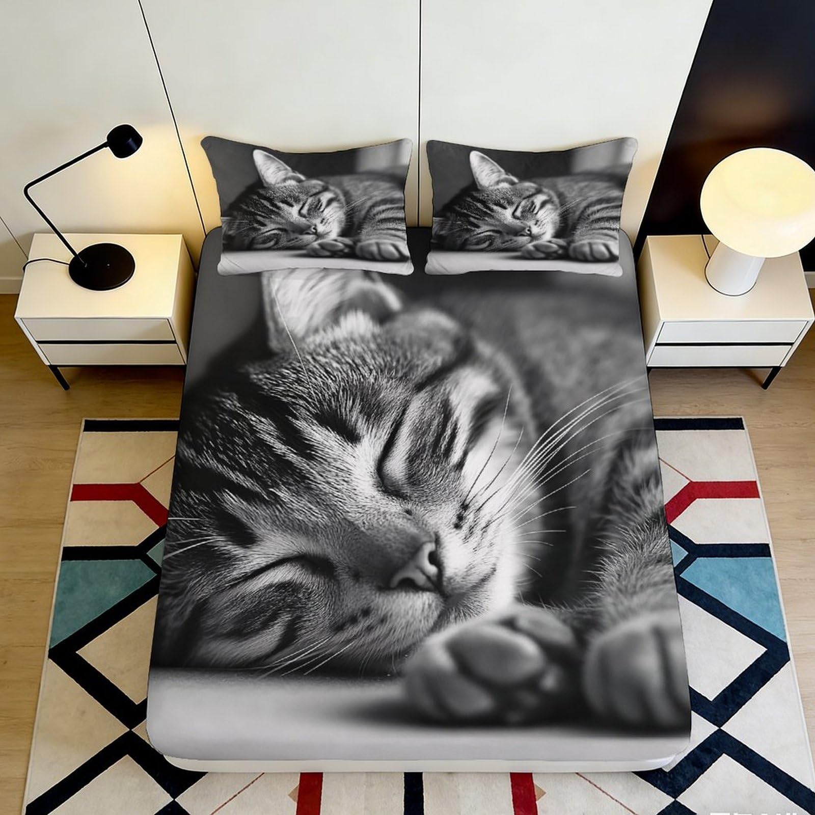 3D Printed Sleeping Cat Fitted Sheet Microfiber Soft Black Grey Bed Cover for Bedroom Dorm Mattress Protection Decor 140x200x25cm