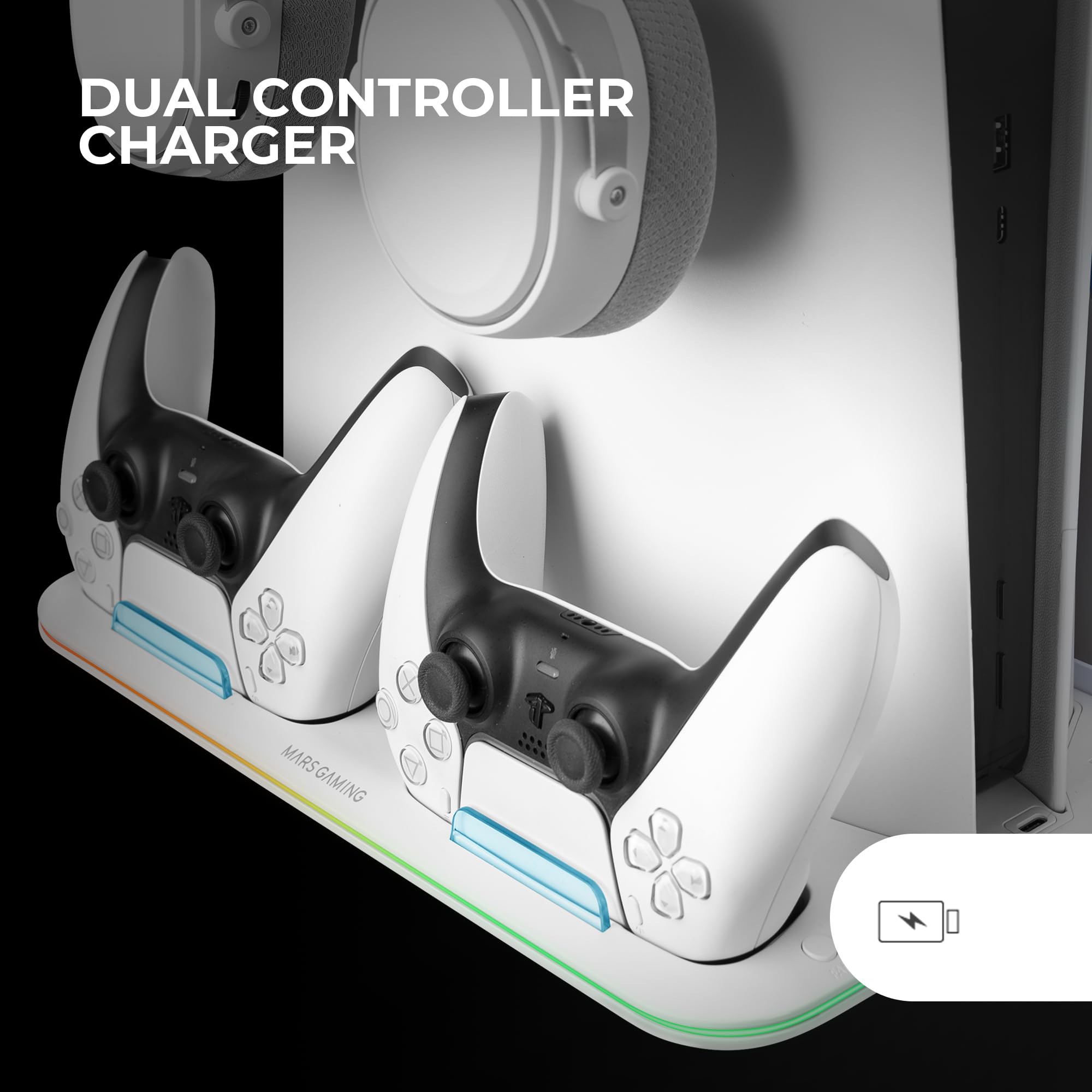 MARSGAMING MPS5-B2, Supporto RGB per PS5 Slim Standard e Digital, 1x Ventilatore, Caricatore Doppio di Controller, Illuminazione Neon RGB, Organizer per Videogiochi + Supporto per Cuffie, Bianco