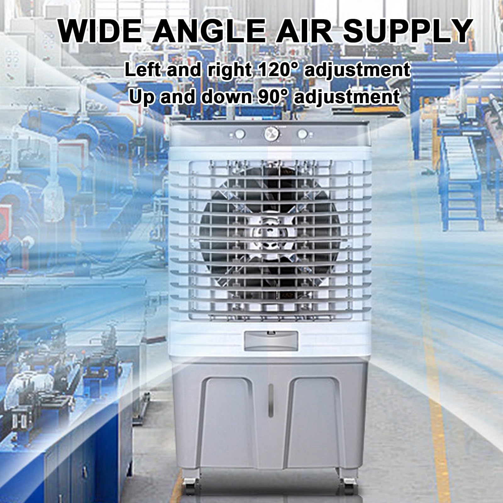 Enfriador de aire evaporativo industrial, tanque de agua de 60 litros, oscilación de 120°, 3 velocidades de viento para uso comercial al aire libre, enfriador de pantano resistente para una