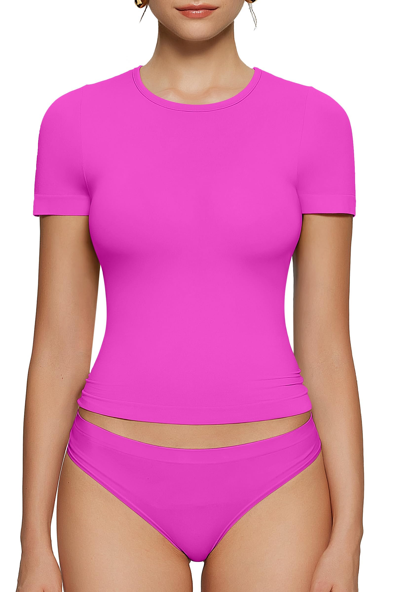 OEAK T-shirt da donna a maniche corte, girocollo, maglietta di base, morbida e liscia, senza cuciture, vestibilità aderente, top alla moda