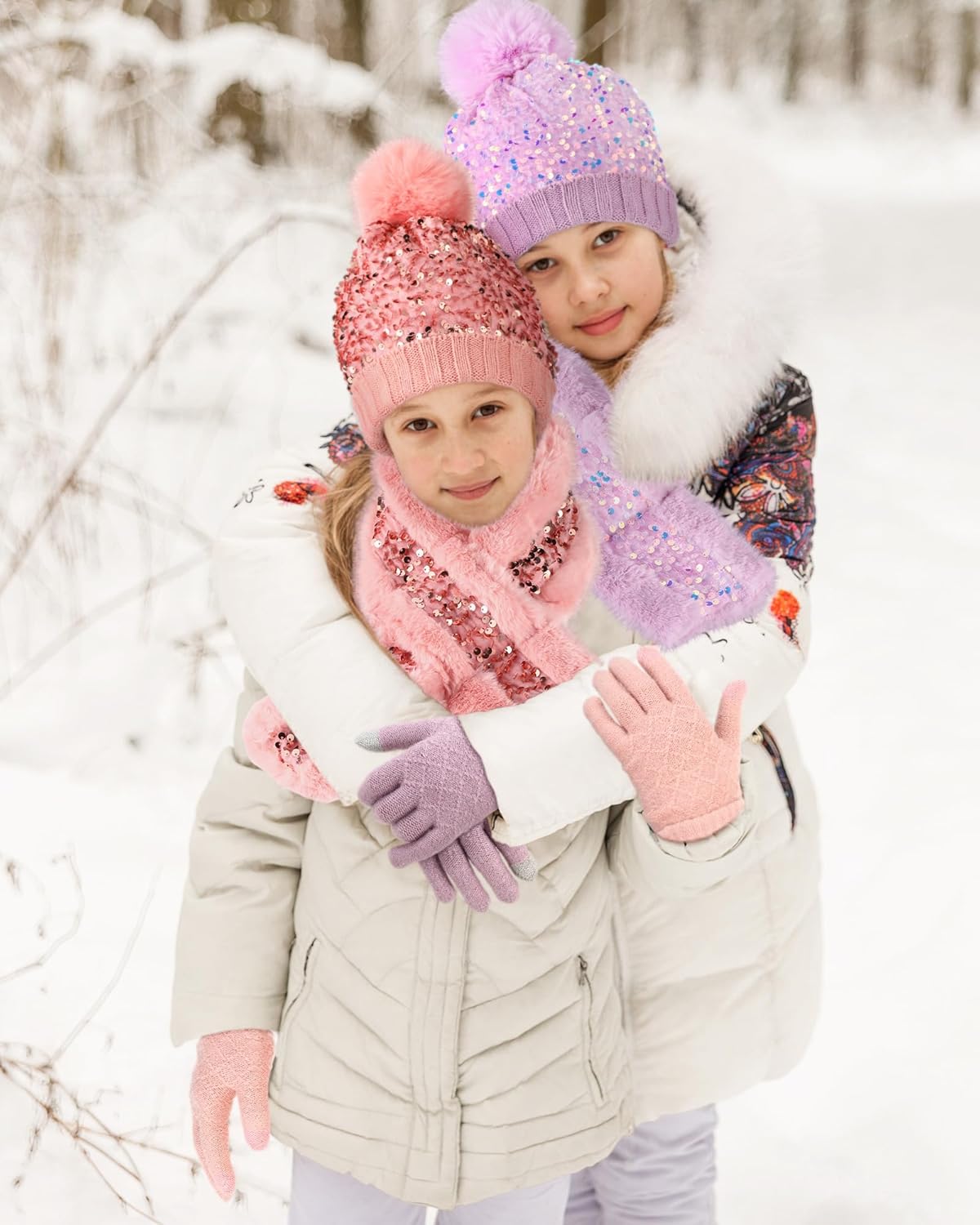 Liitrsh 2 Sets/6 Pcs Girl's Winter Knit Hat Scarf Gloves Sets Warm Fleece Lined Pom Pom Hat Scarf Gloves for Teens