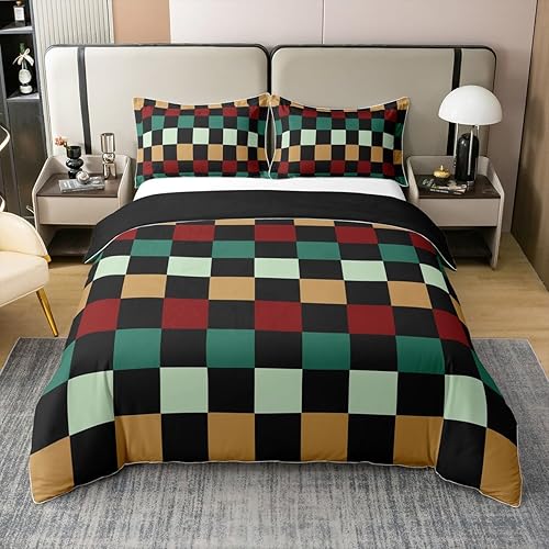 Miniatura 35 de Juego de ropa de cama a cuadros para adolescentes, mujeres, hombres, rosa, negro, a cuadros, 100% algodón, tamaño matrimonial, para niños y niñas,