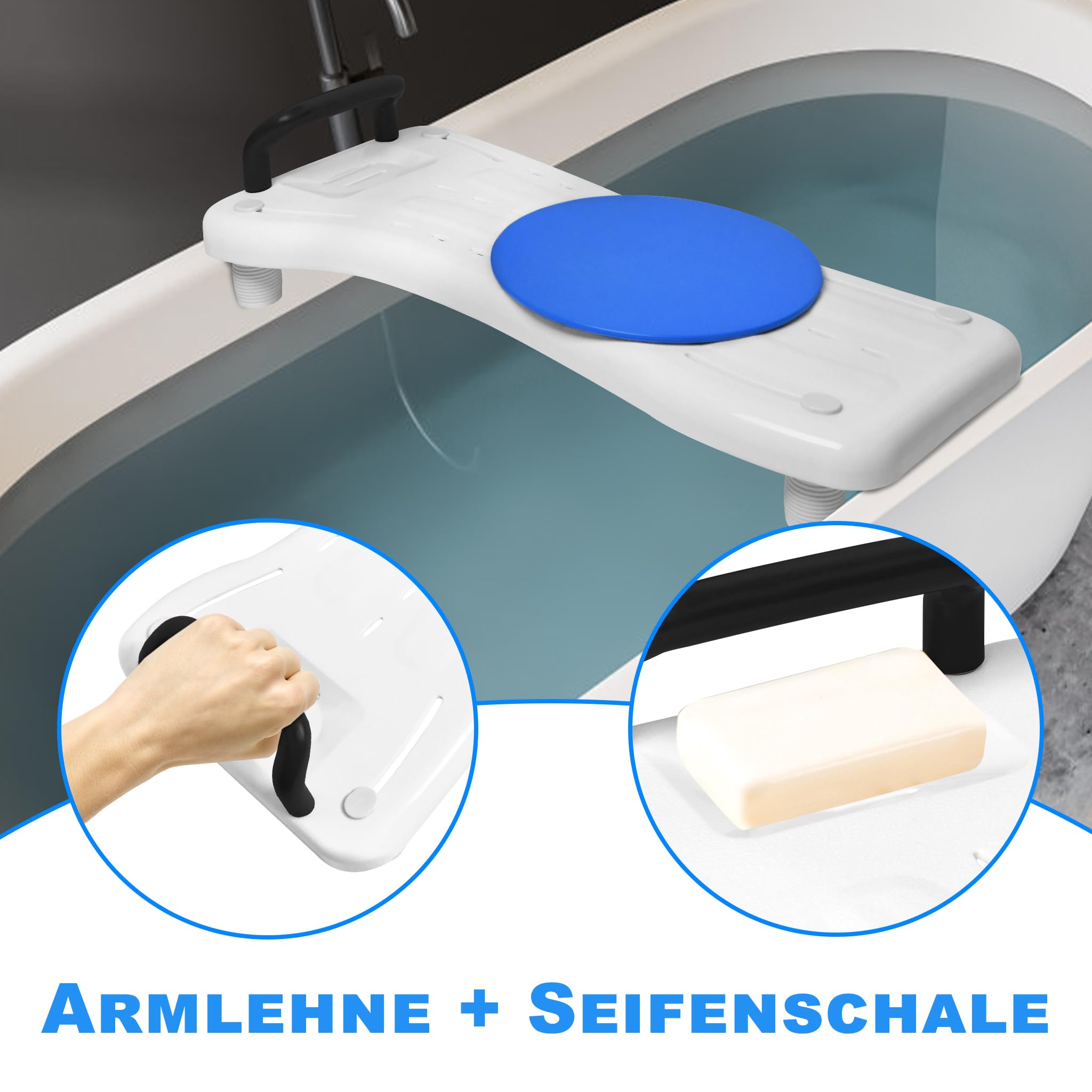 Sedile per vasca da bagno per anziani, 75 x 34 cm, regolabile 41 – 63 cm, per vasche da bagno, in plastica, colore nero, manico + piastra girevole, fino a 150 kg, per adulti doccia