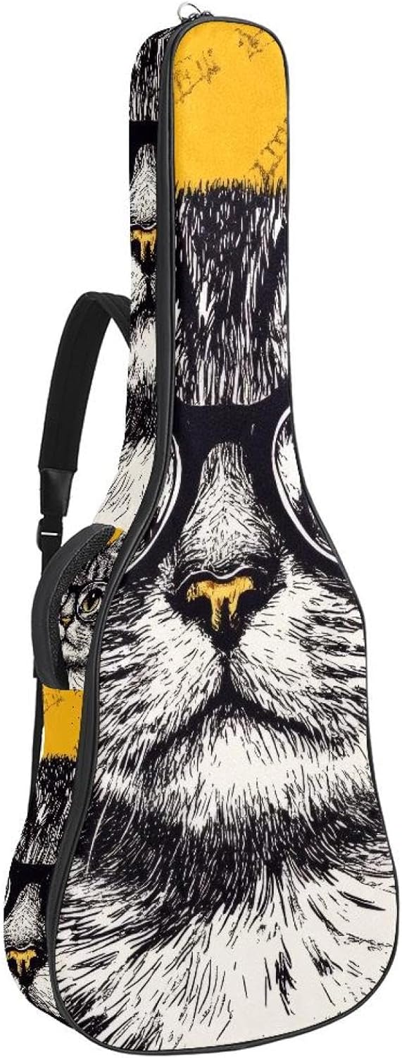 Cat with Glasses Seamless Pattern Acoustic Guitar Gig Bag, 1 cm Thick Padding Waterproof Guitar Bag Backpack for 40 41 42 Inch Electric Bass Classical Guitars
