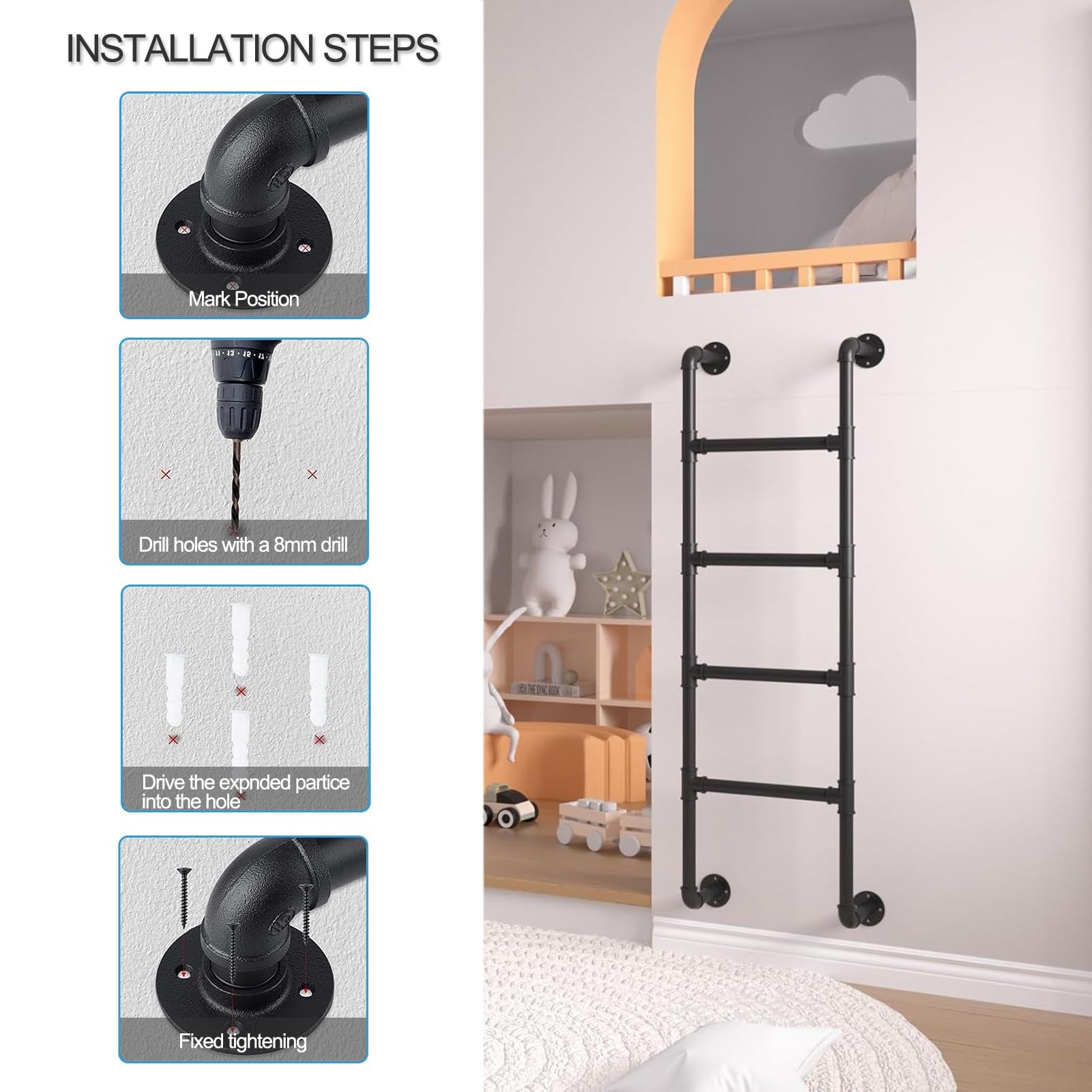 HJDSUDU Ausstiegsleiter Für Kellerfenster - 125cm, Wandmontiert, Schmiedeeisen, Trägt 150kg, Einfach Zu Installieren