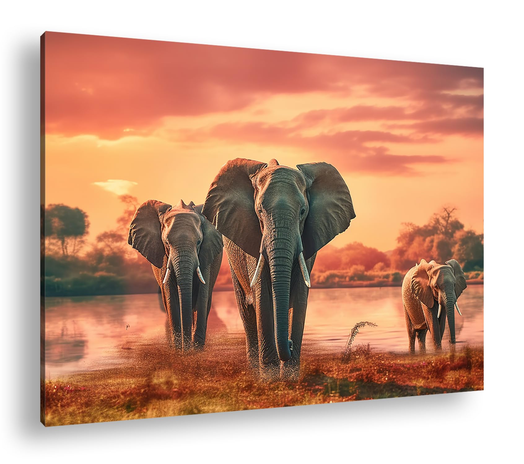Leinwandbild Elefanten im Sonnenuntergang, Wasserreflexionen Format: 120x80 cm XXL Kunstdruck Bild auf Keilrahmen/Wandbild/Wohnzimmer Deko