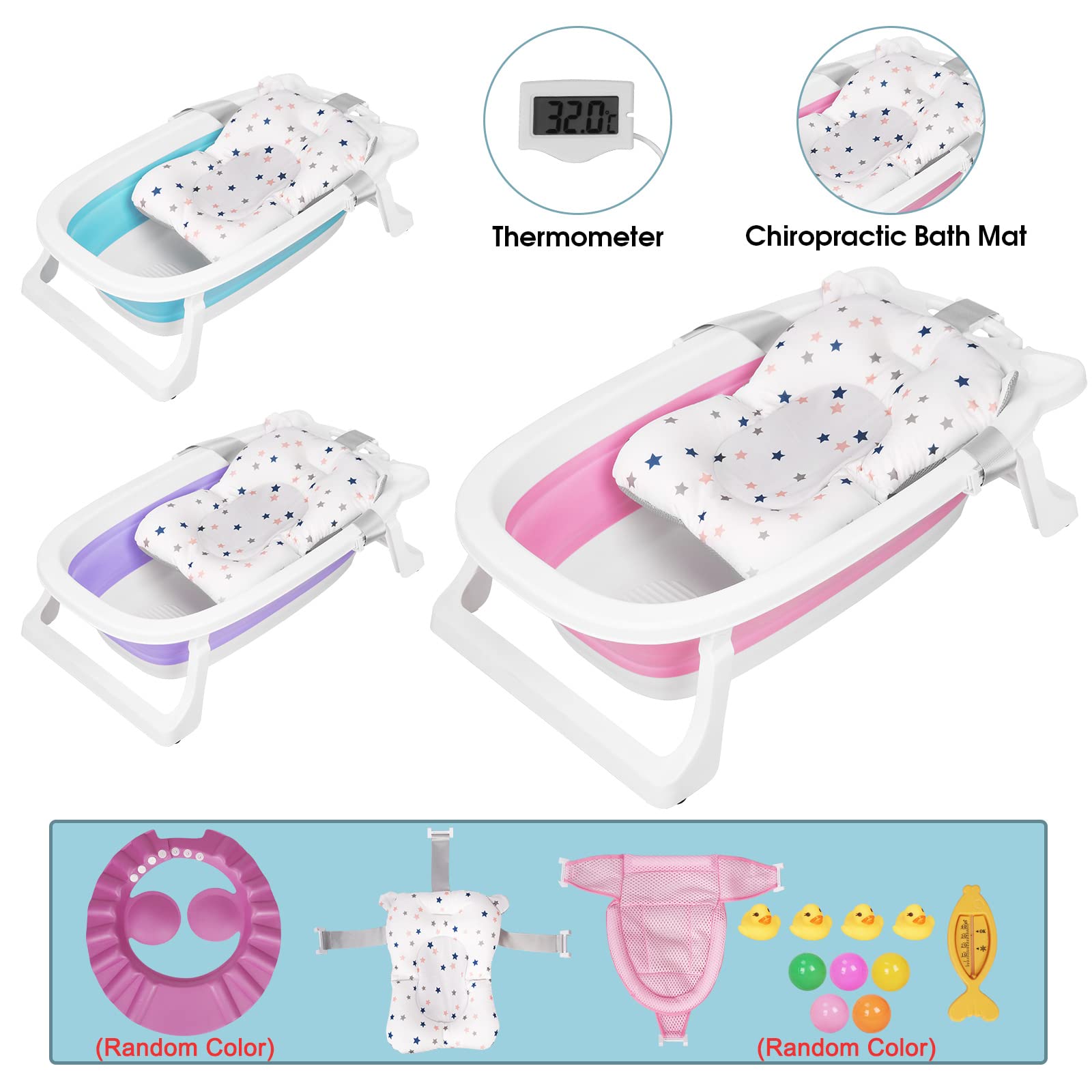 Bañera Plegable Multifuncional para Bebés y Niños Pequeños Con Termómetro, Cama de Baño y Juguetes, Antideslizante, 0-8 Años (Rosa)