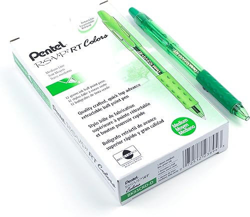 Pentel R.S.V.P. RT Colors - Bolígrafo retráctil, línea media, barril, tinta verde, caja de 12 (BK93CRD-D)