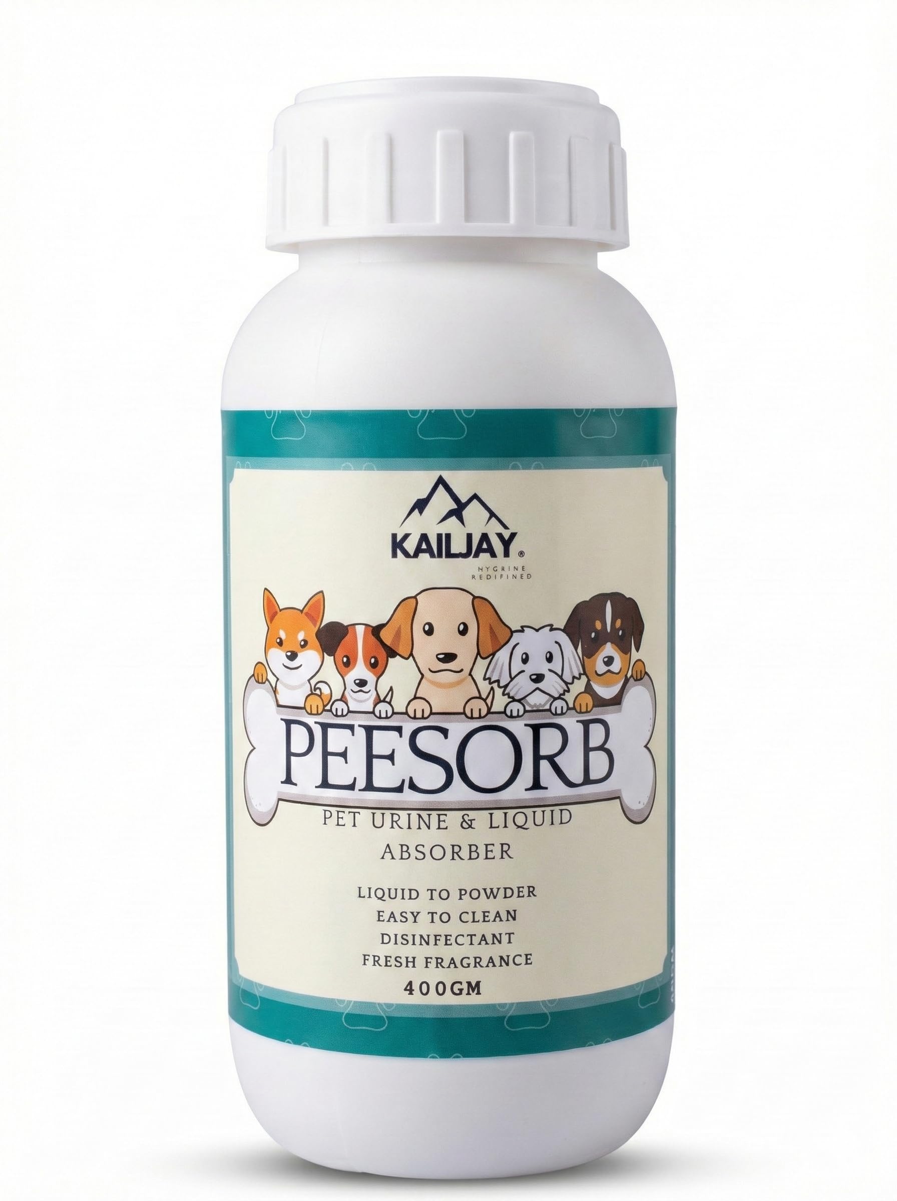 Kailjay peeSORB Pet Urine and Liquid Absorber & Dog deodorizer, for Dogs/Cat urine, vomit, poop Liquid to Powder, Easy to Clean, Disinfectant, Fresh Fragrance, Easy to Use (900G)