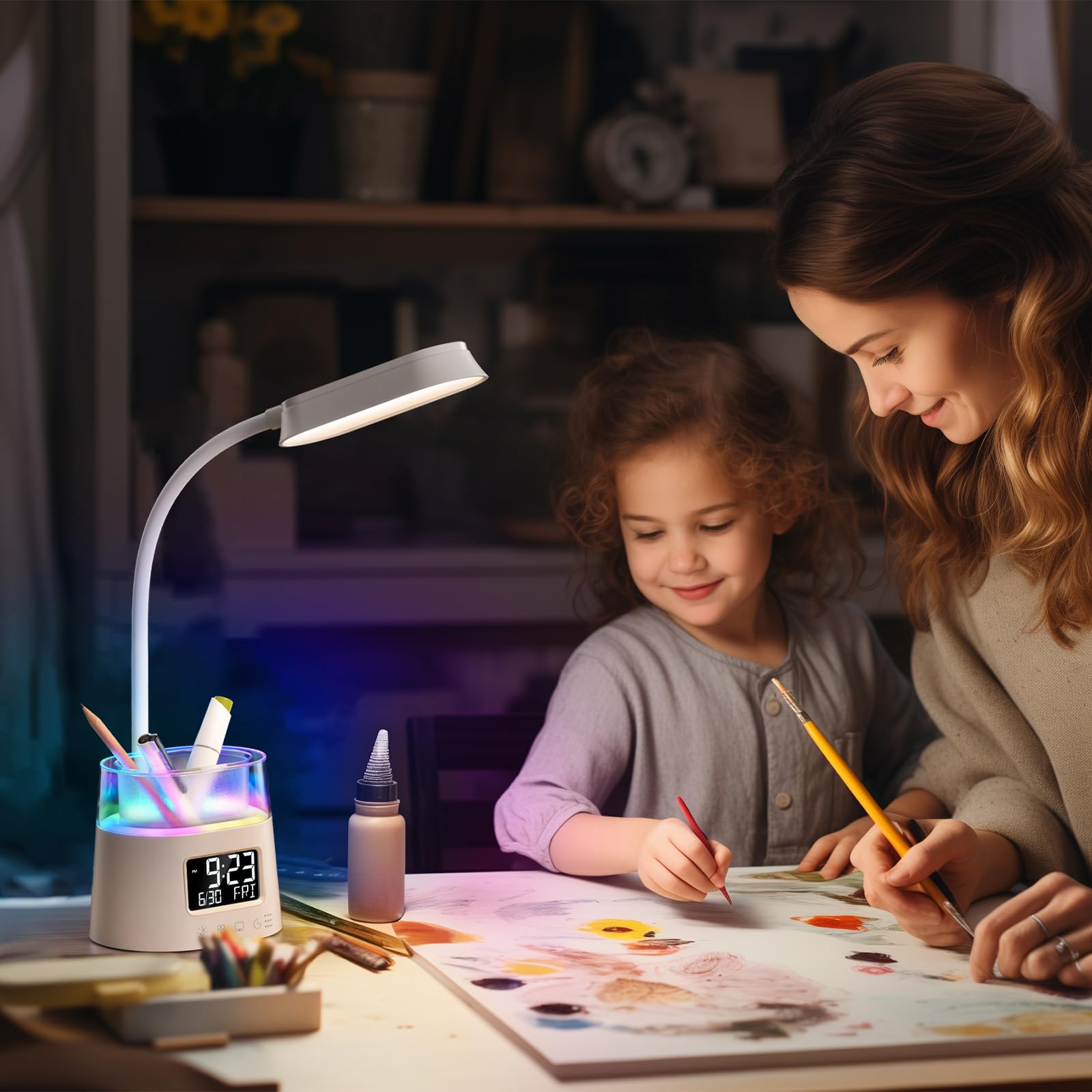 Lámparas LED de escritorio para oficina en casa con soporte para bolígrafo, lámpara de mesa para dormitorio con puerto de carga USB y reloj, luz nocturna RGB, lámpara de estudio para niños y 8